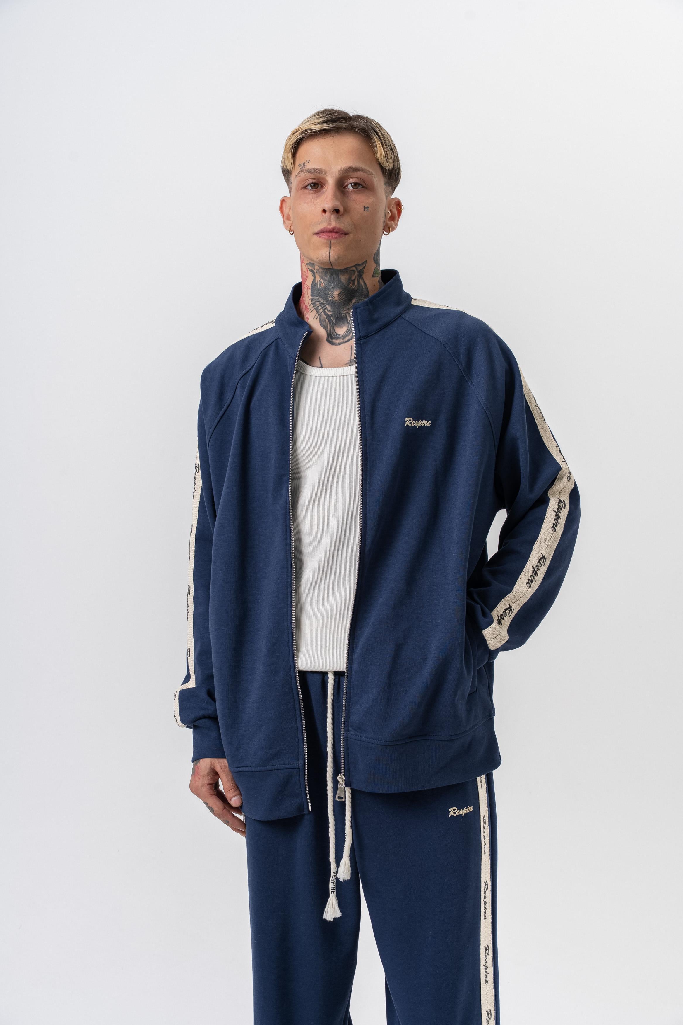 Erkek Respire Şerit Detaylı Dik Yaka Doubleface Zip Oversize Sweatshirt Lacivert