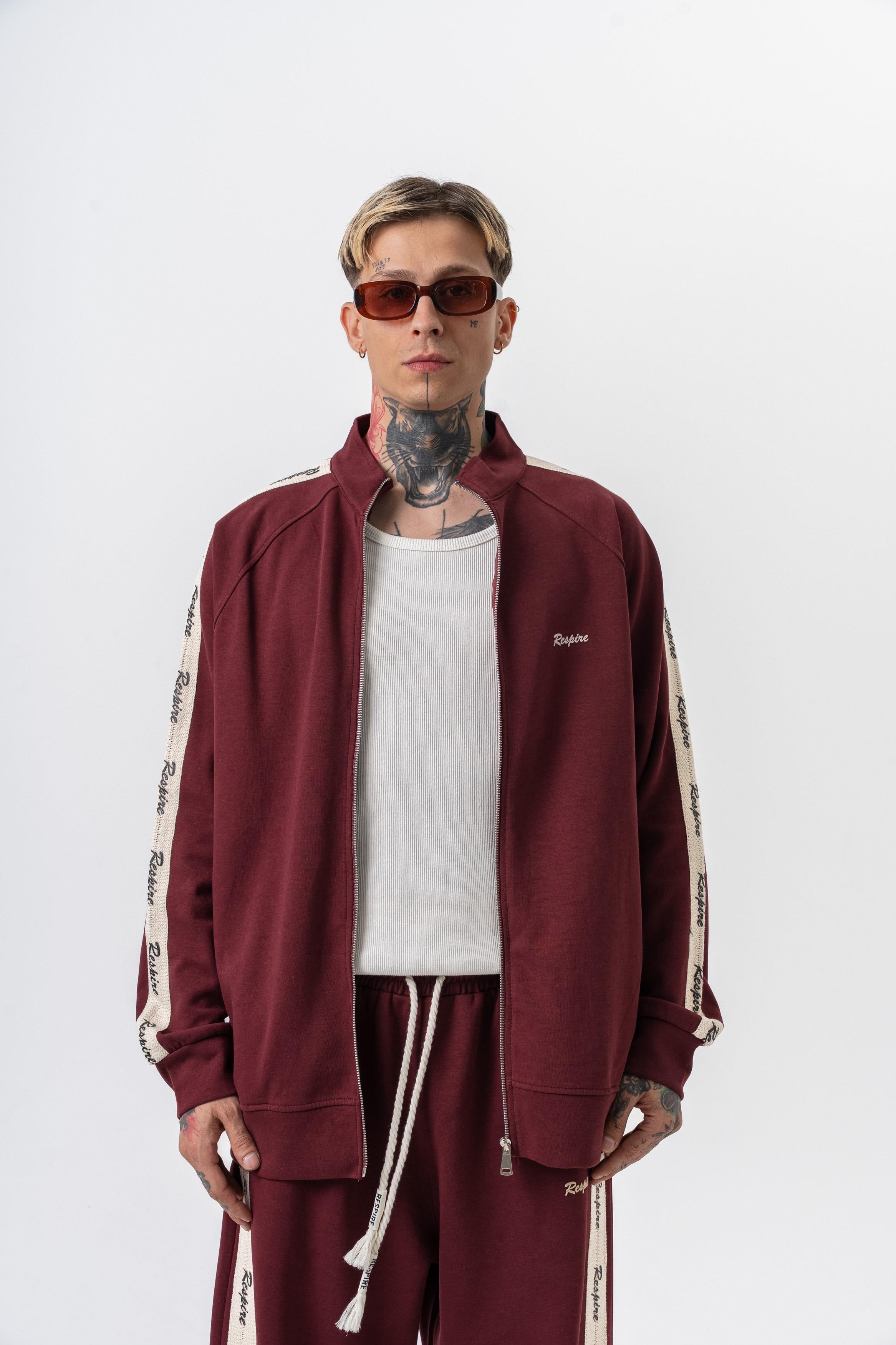 Erkek Respire Şerit Detaylı Dik Yaka Doubleface Zip Oversize Sweatshirt Bordo