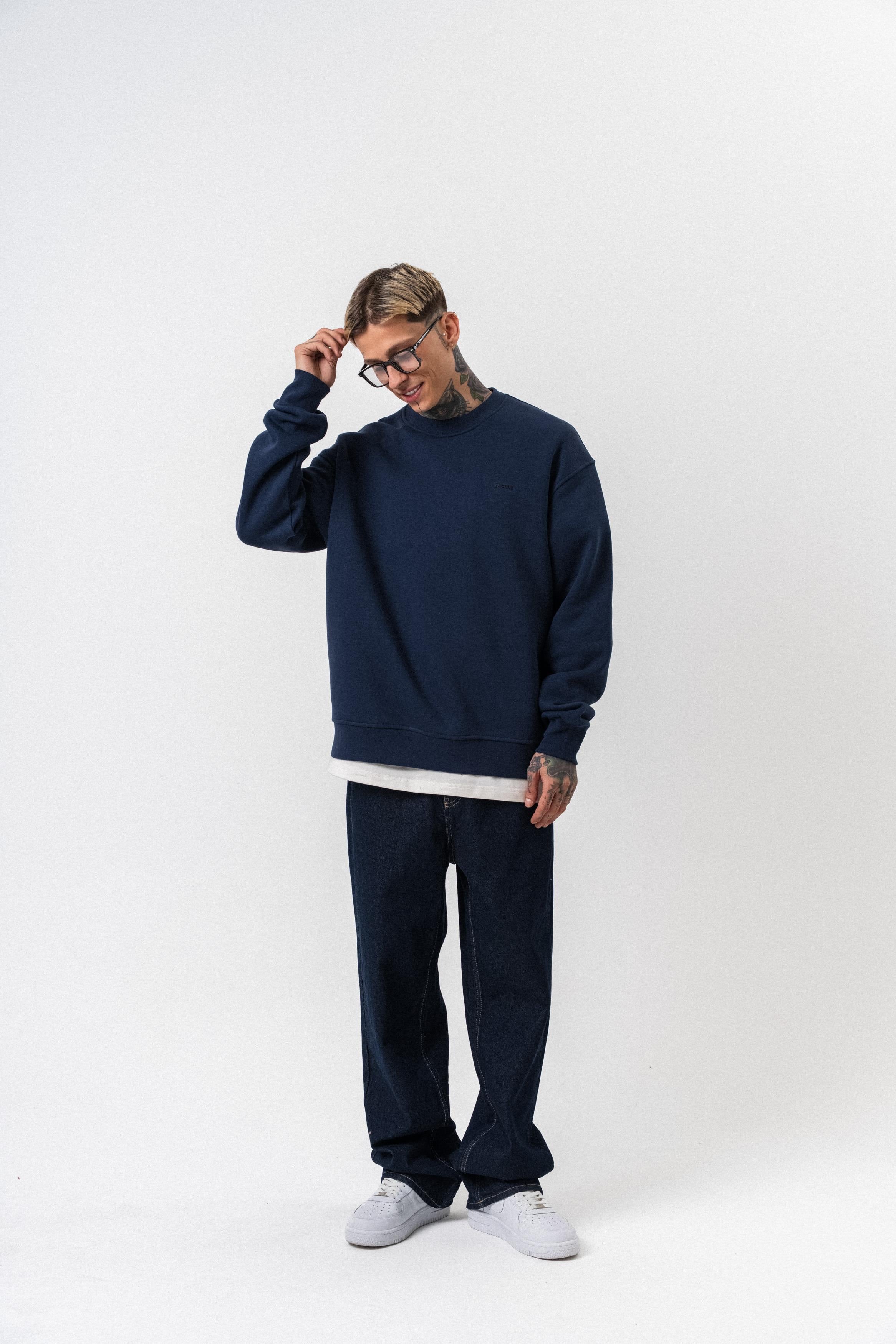 Erkek Respire Yazı Detaylı Basic Oversize Sweatshirt Lacivert