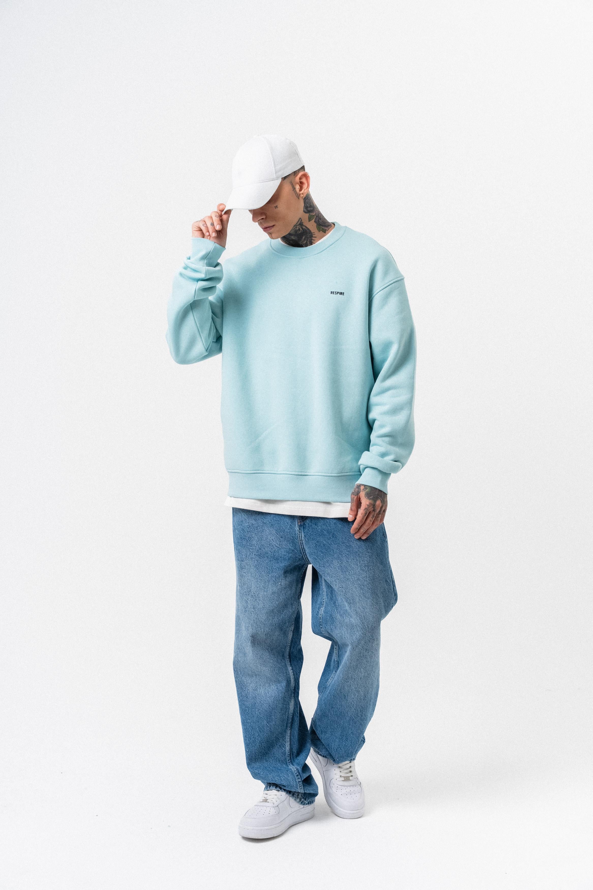 Erkek Respire Yazı Detaylı Basic Oversize Sweatshirt Bebe Mavi