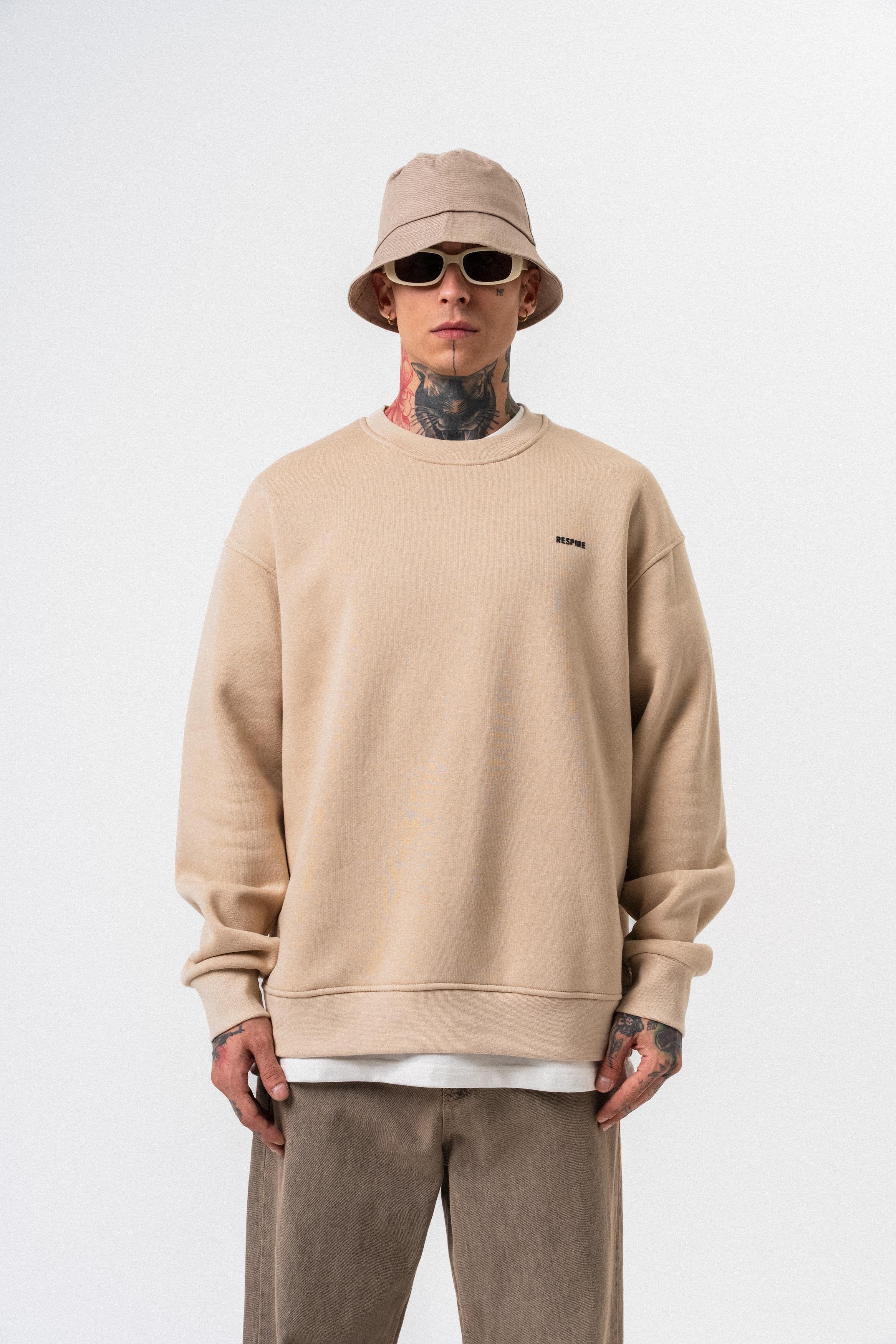 Erkek Respire Yazı Detaylı Basic Oversize Sweatshirt Bej