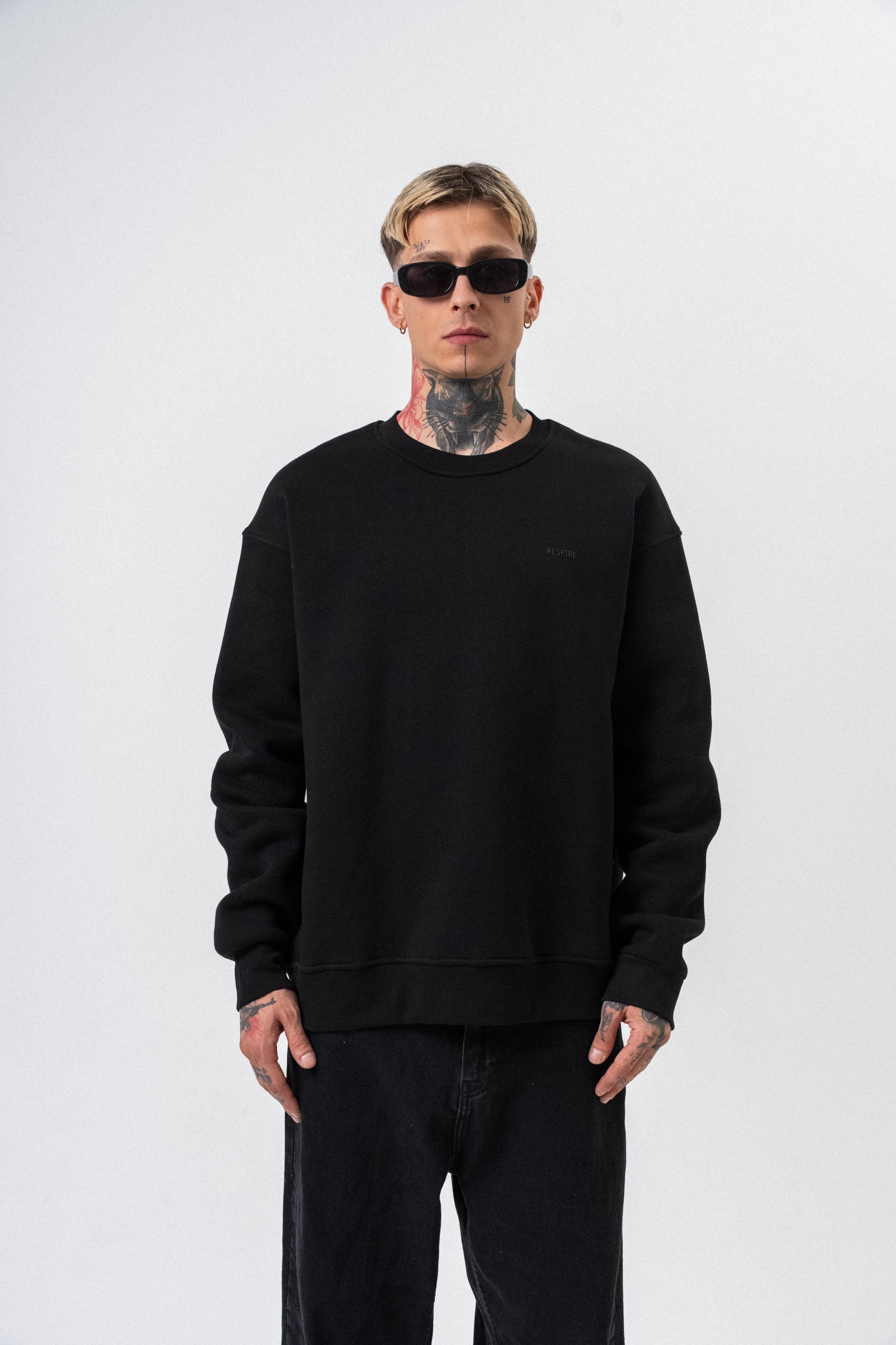 Erkek Respire Yazı Detaylı Basic Oversize Sweatshirt Siyah