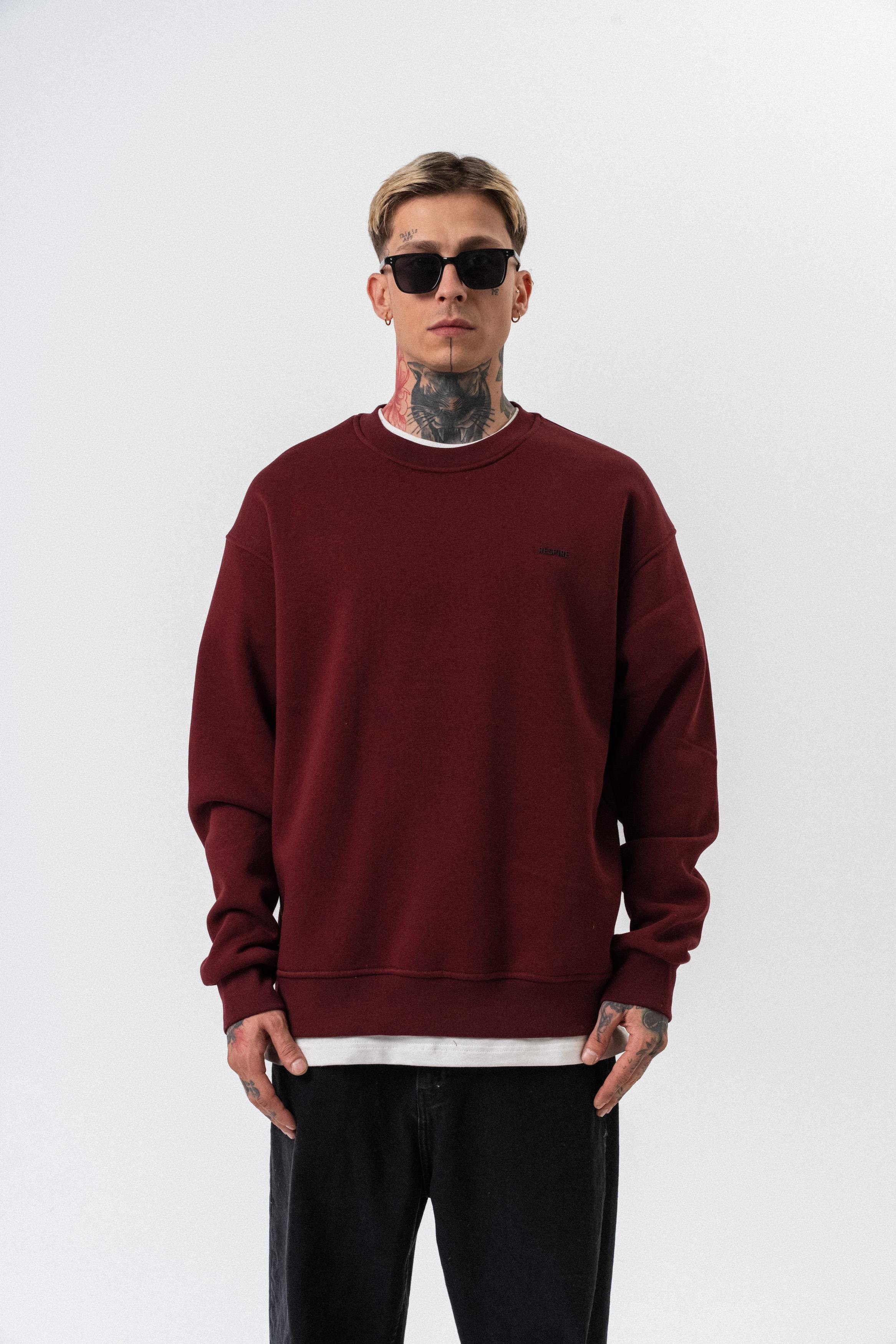 Erkek Respire Yazı Detaylı Basic Oversize Sweatshirt Bordo