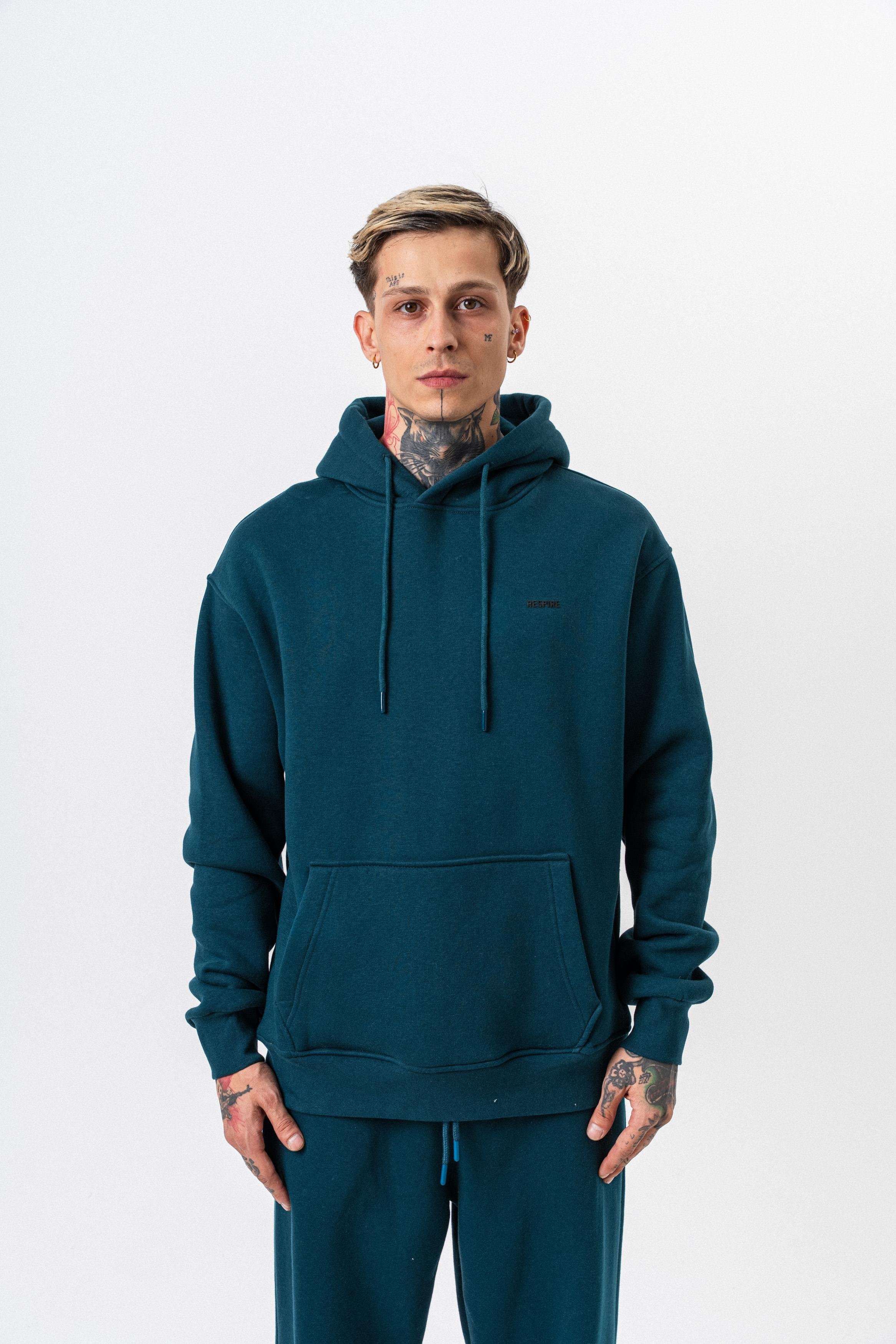 Erkek Respire Yazı Detaylı Kapüşonlu Basic Oversize Hoodie Zümrüt