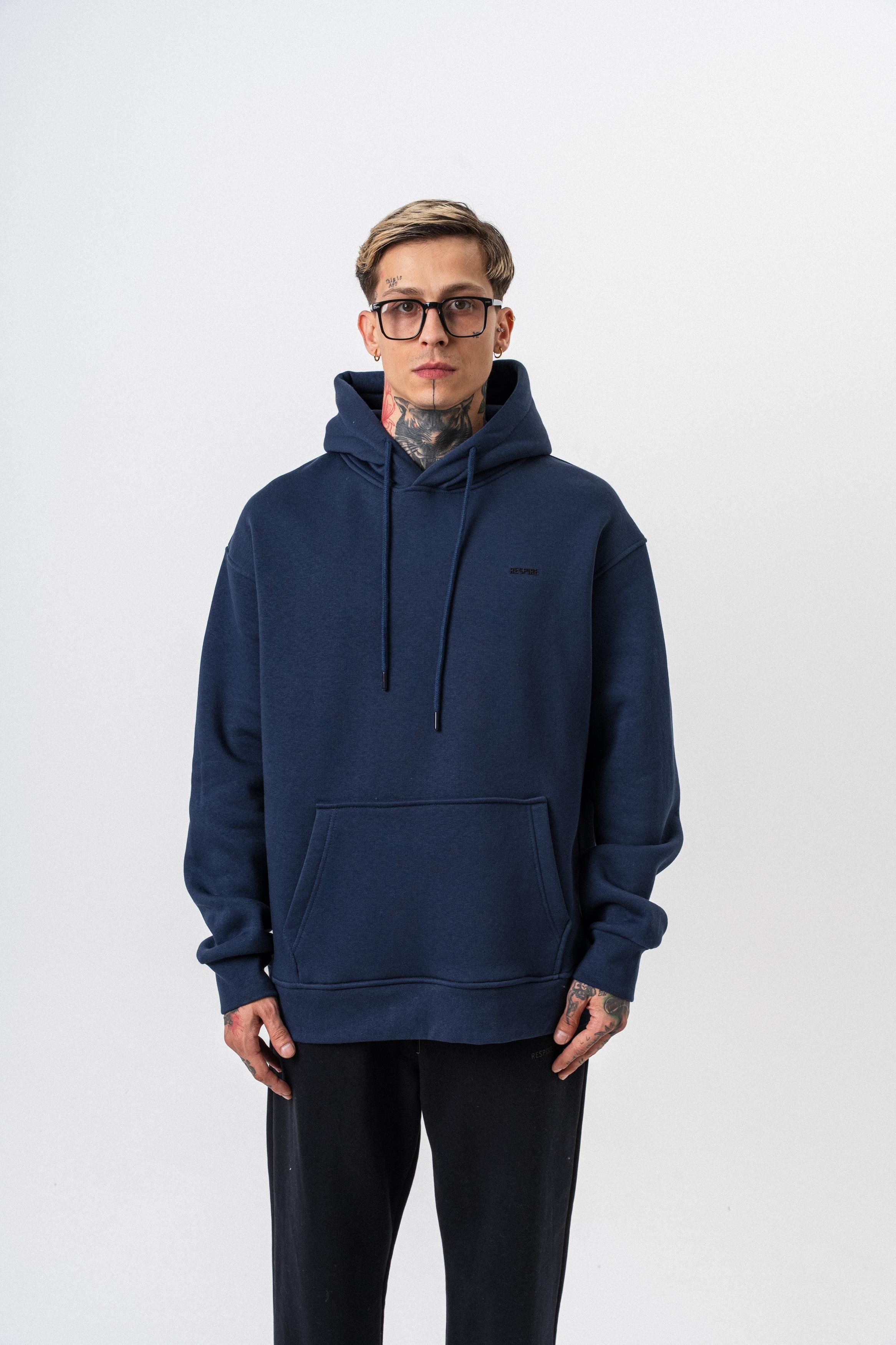 Erkek Respire Yazı Detaylı Kapüşonlu Basic Oversize Hoodie Lacivert