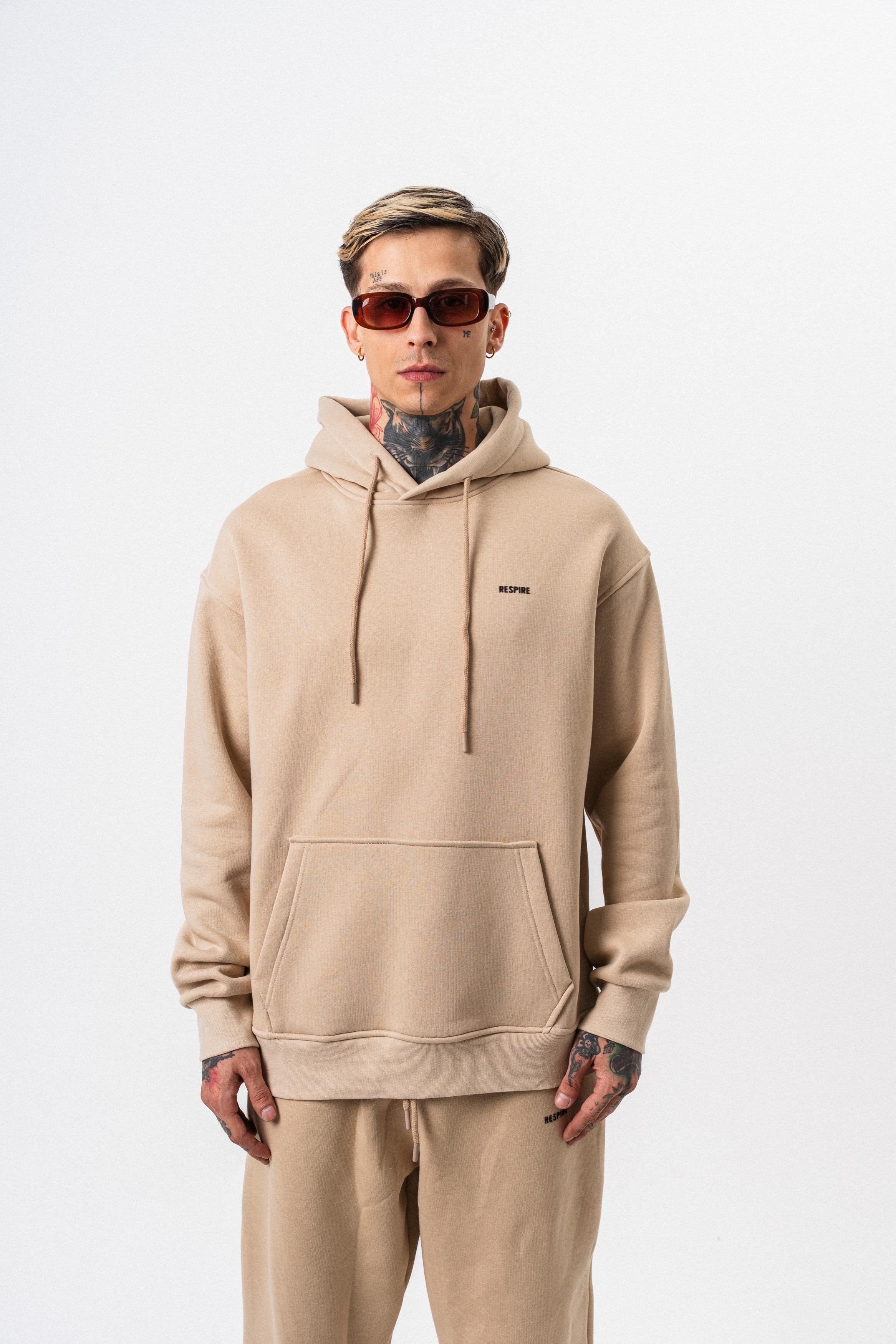 Erkek Respire Yazı Detaylı Kapüşonlu Basic Oversize Hoodie Bej