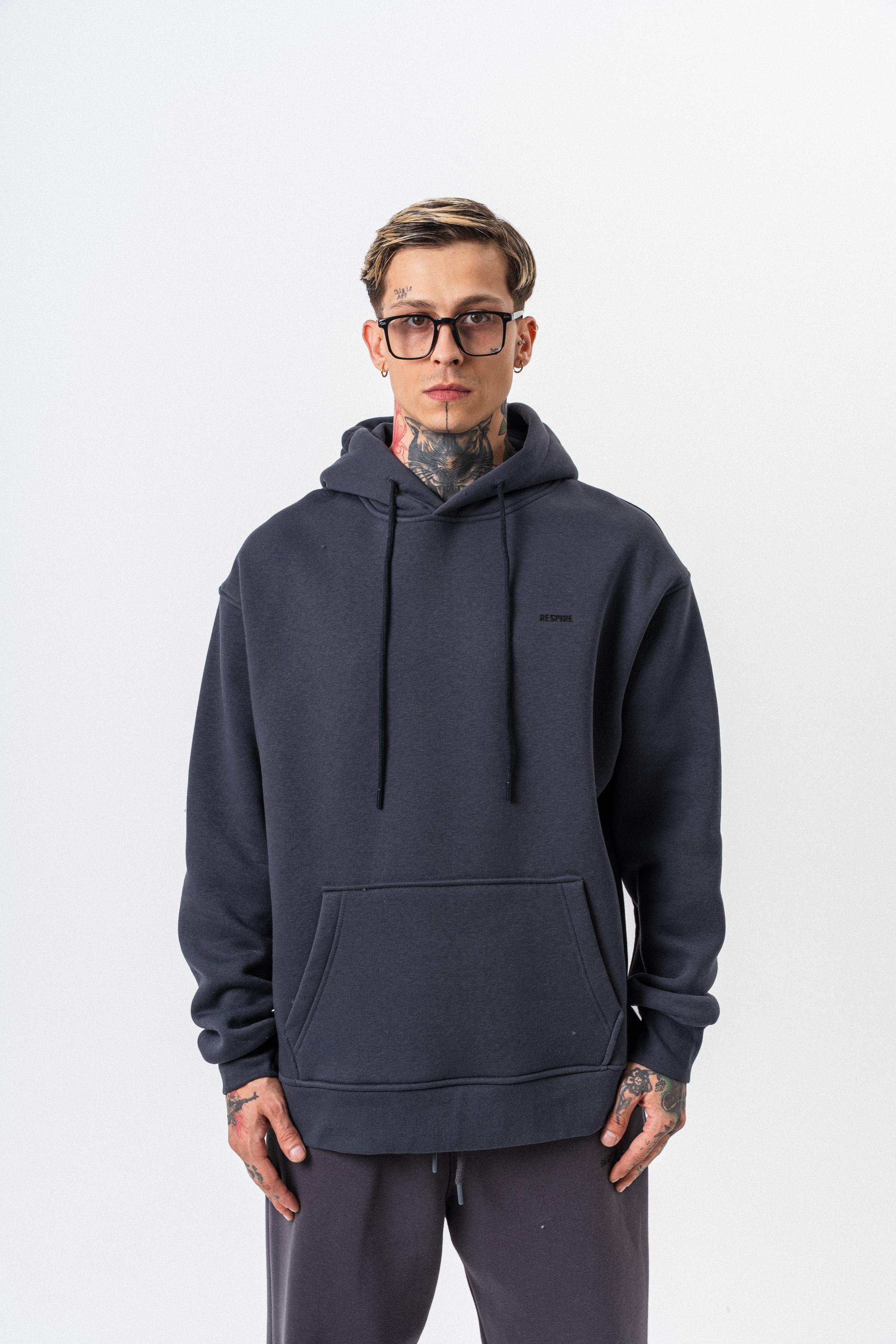 Erkek Respire Yazı Detaylı Kapüşonlu Basic Oversize Hoodie Füme