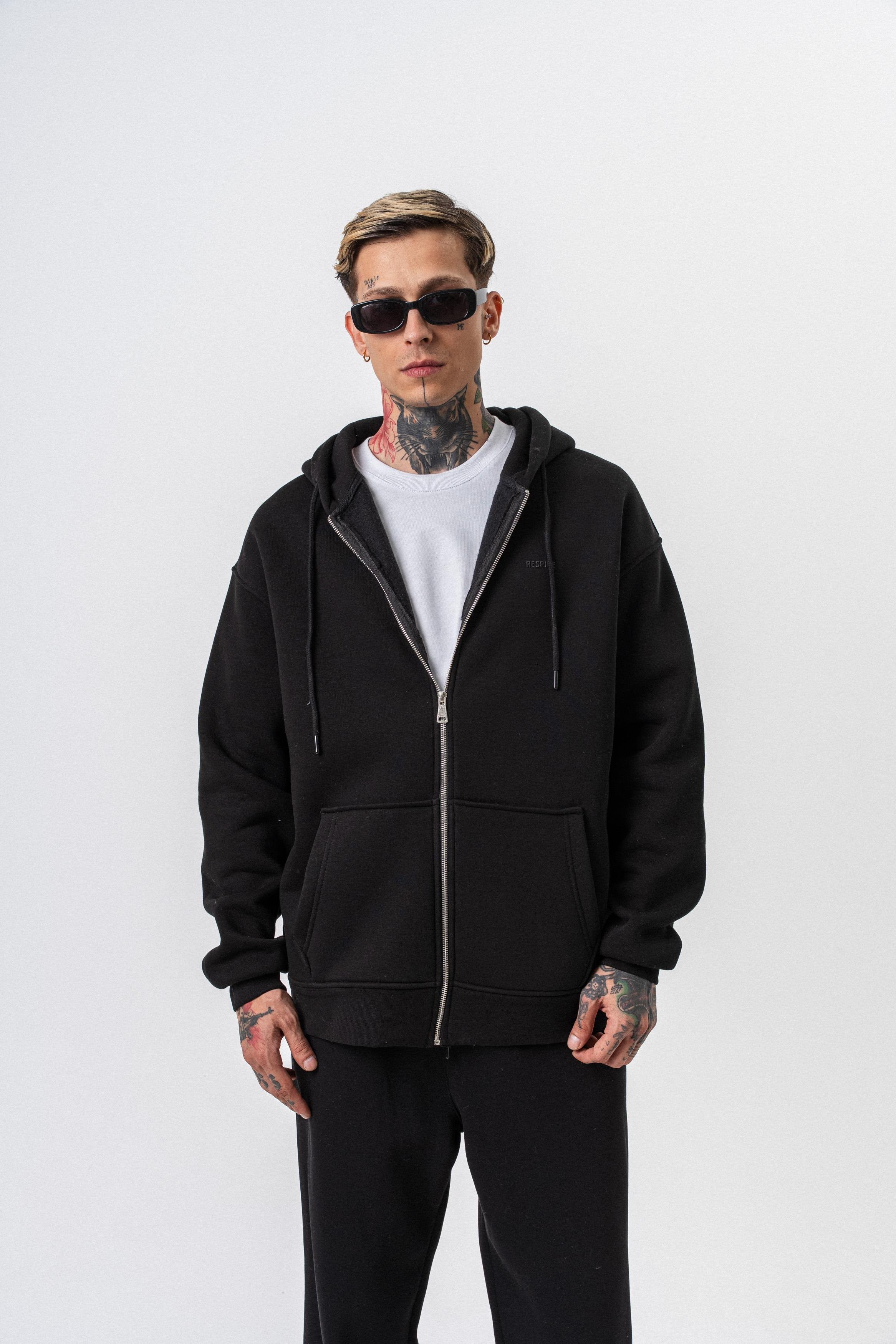 Erkek Respire Yazı Detaylı Kapüşonlu Basic Zip Oversize Hoodie Siyah