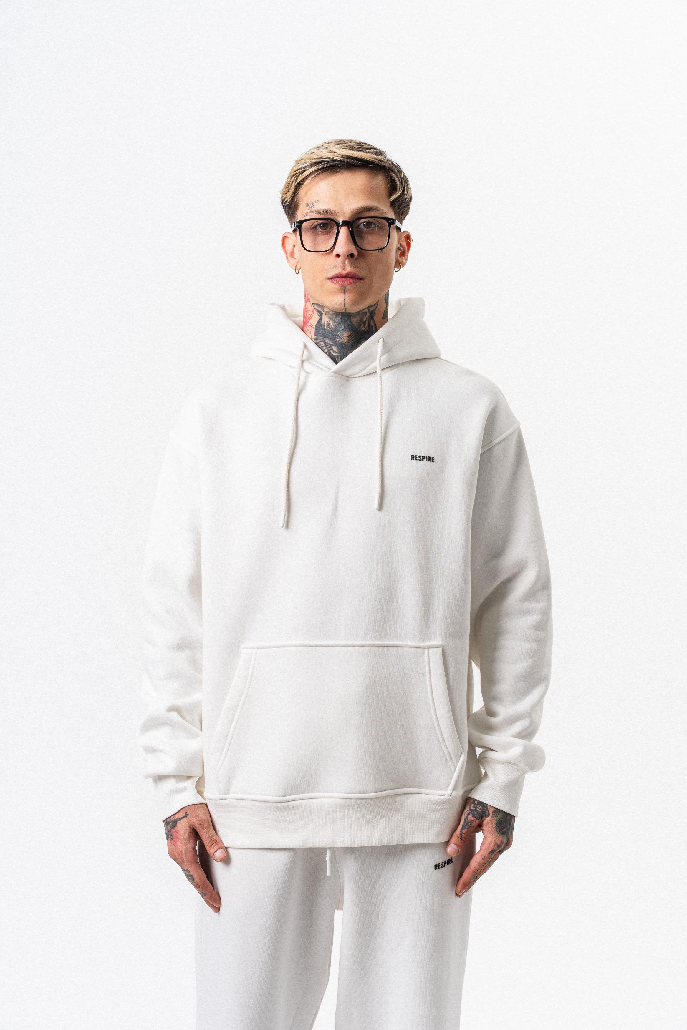 Erkek Respire Yazı Detaylı Kapüşonlu Basic Oversize Hoodie Ekru