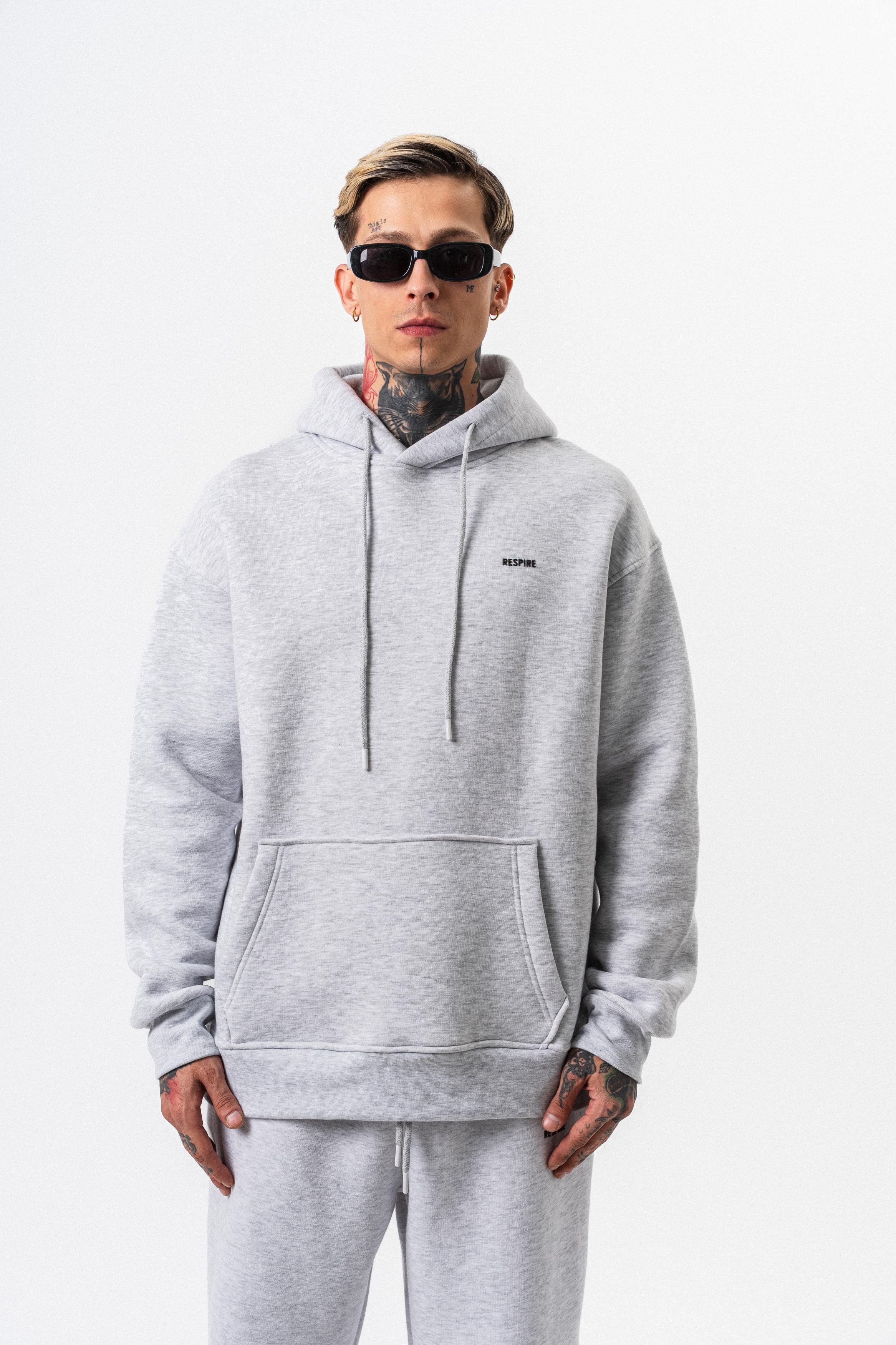 Erkek Respire Yazı Detaylı Kapüşonlu Basic Oversize Hoodie Kar Melanj