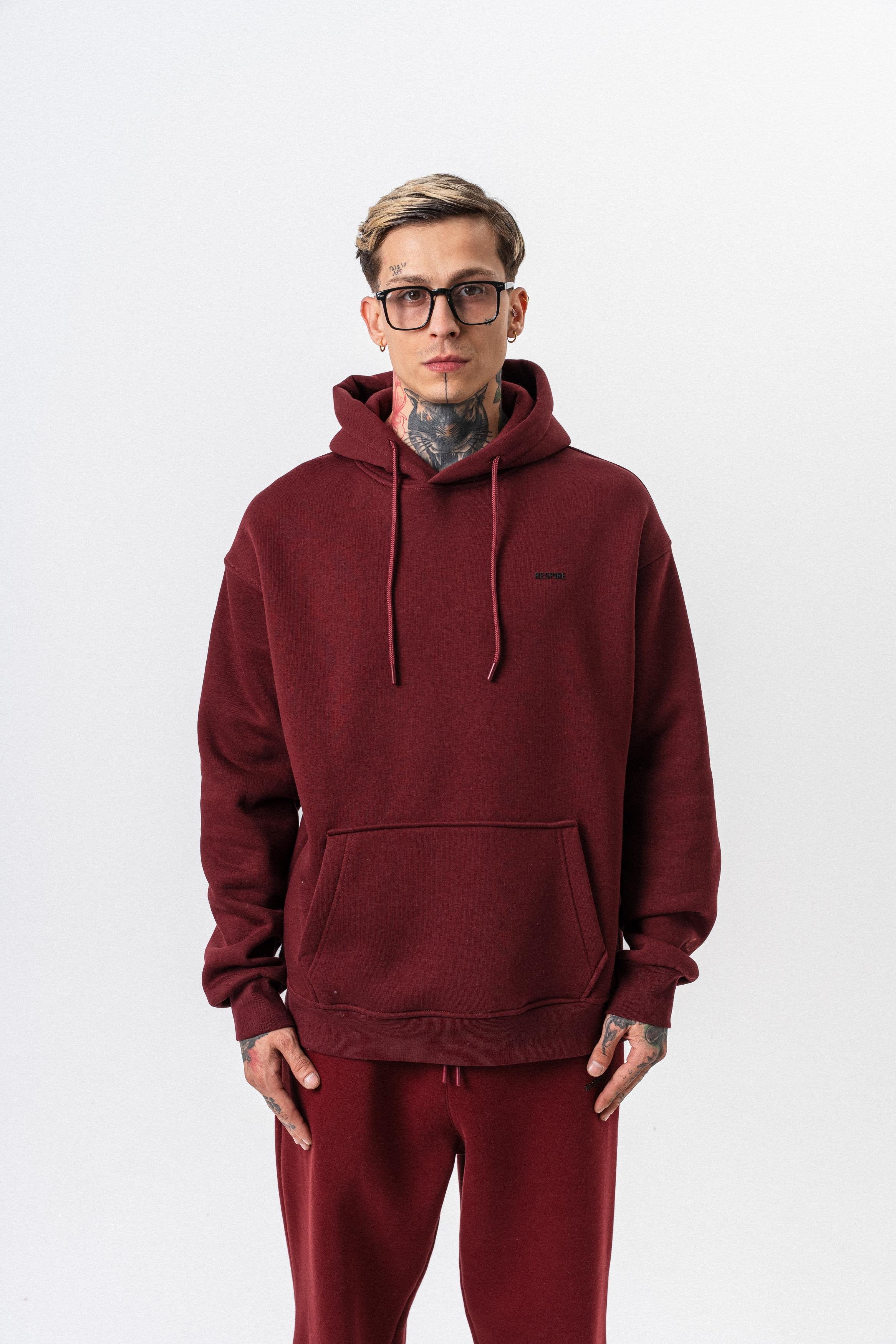 Erkek Respire Yazı Detaylı Kapüşonlu Basic Oversize Hoodie Bordo