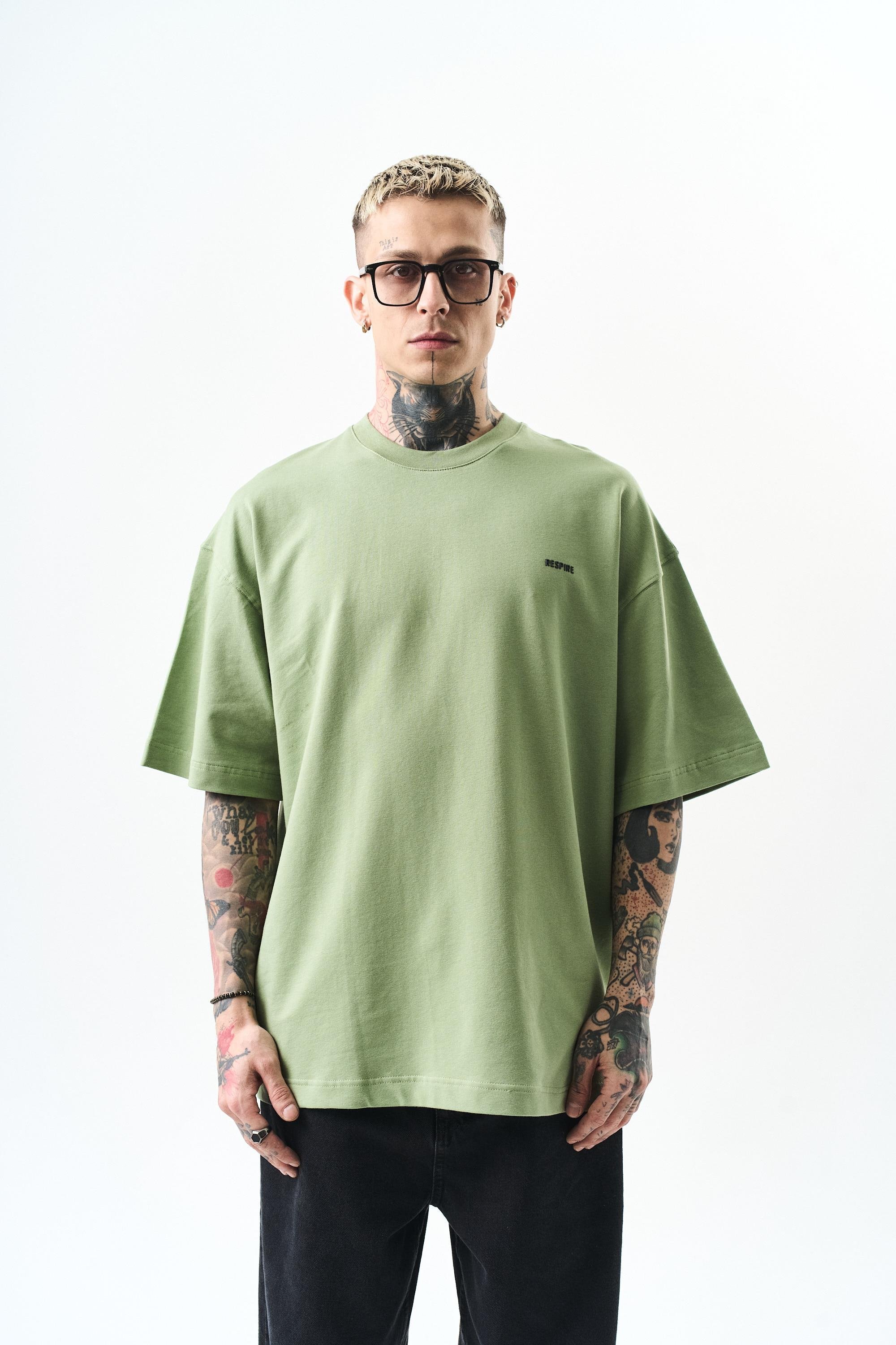 Erkek Respire Yazı Detaylı Oversize T-Shirt Yağ Yeşili
