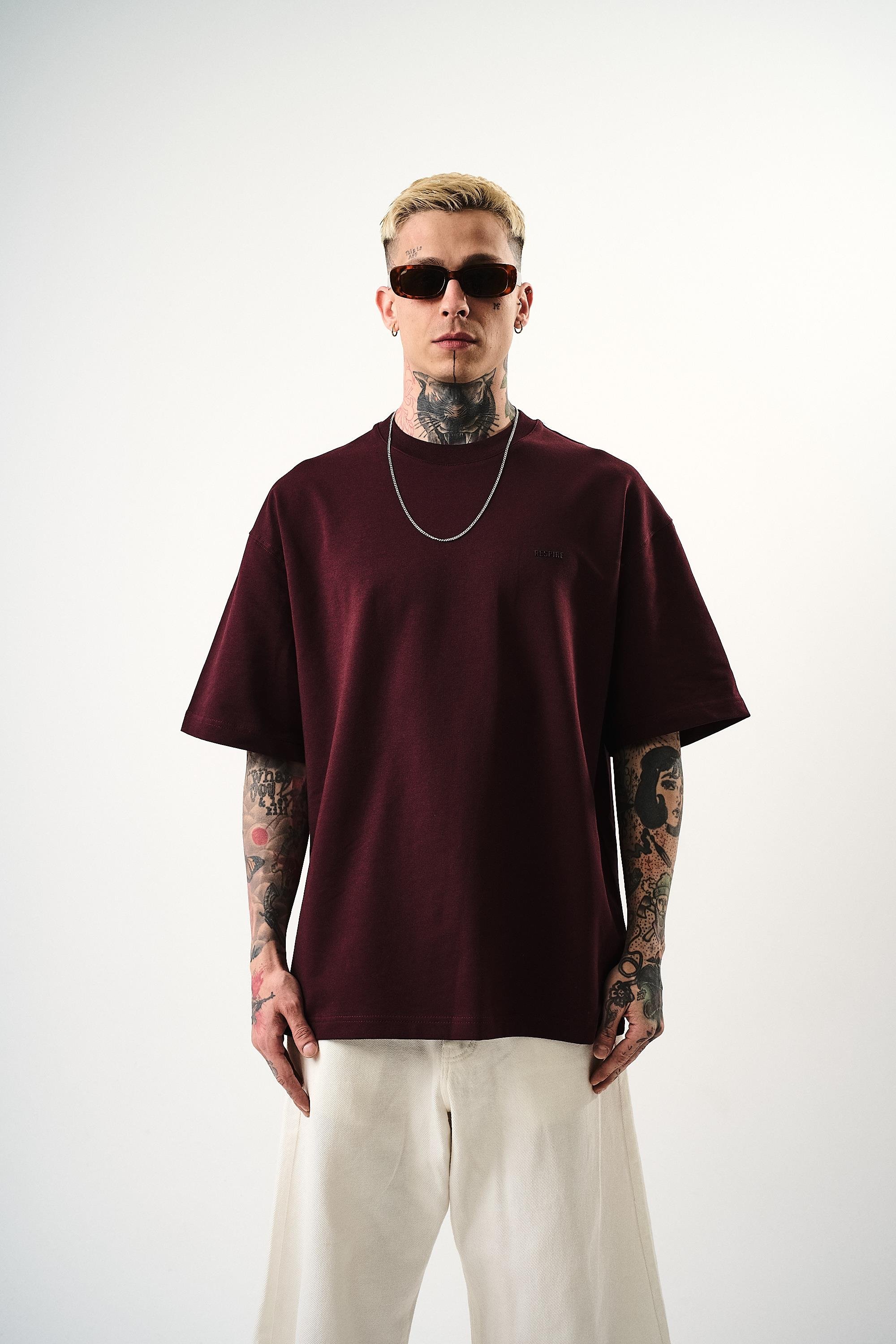 Erkek Respire Yazı Detaylı Oversize T-Shirt Bordo