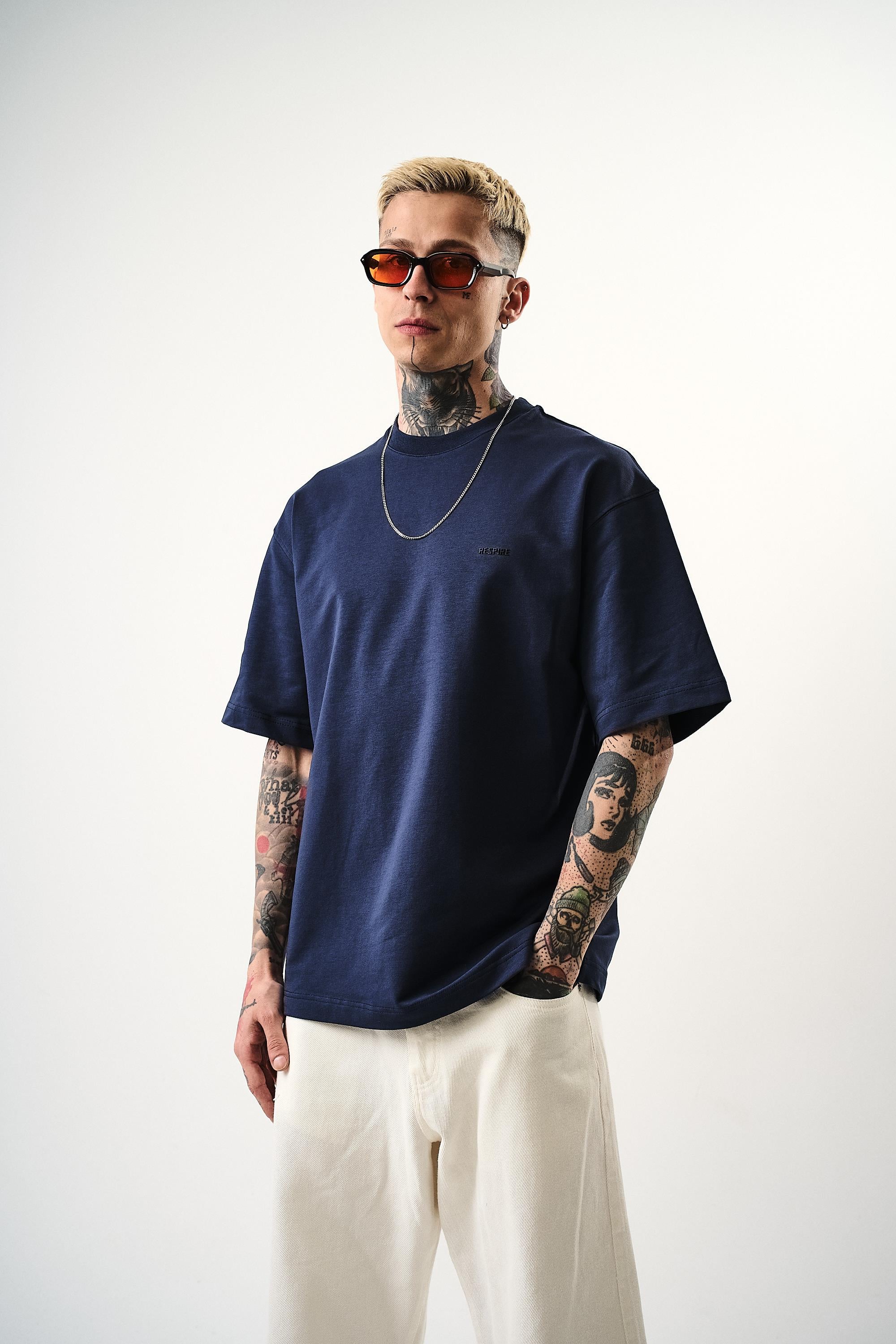 Erkek Respire Yazı Detaylı Oversize T-Shirt İndigo