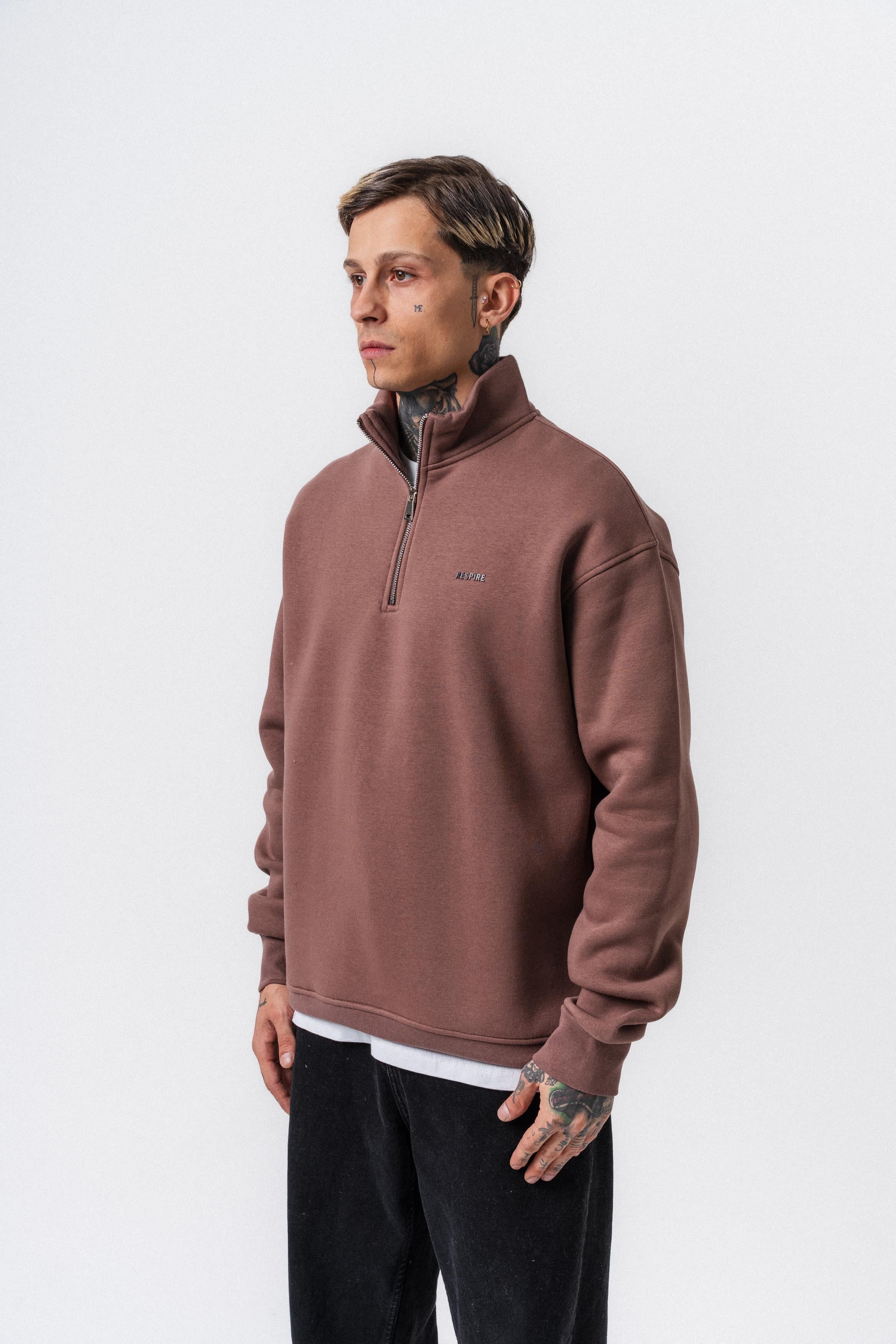 Erkek Respire Yazı Detaylı Yarım Fermuarlı Basic Sweatshirt Kakao