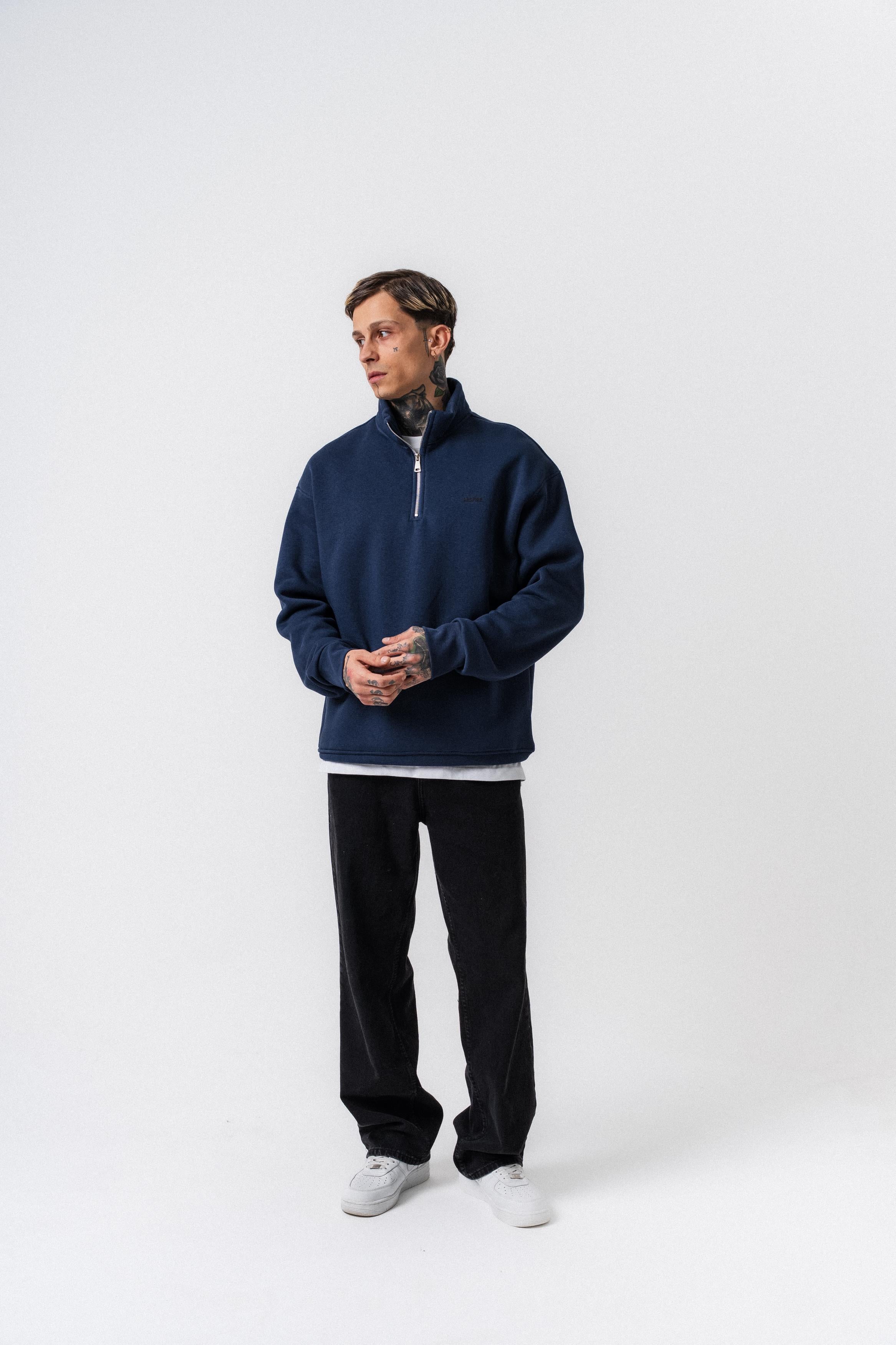 Erkek Respire Yazı Detaylı Yarım Fermuarlı Basic Sweatshirt Lacivert