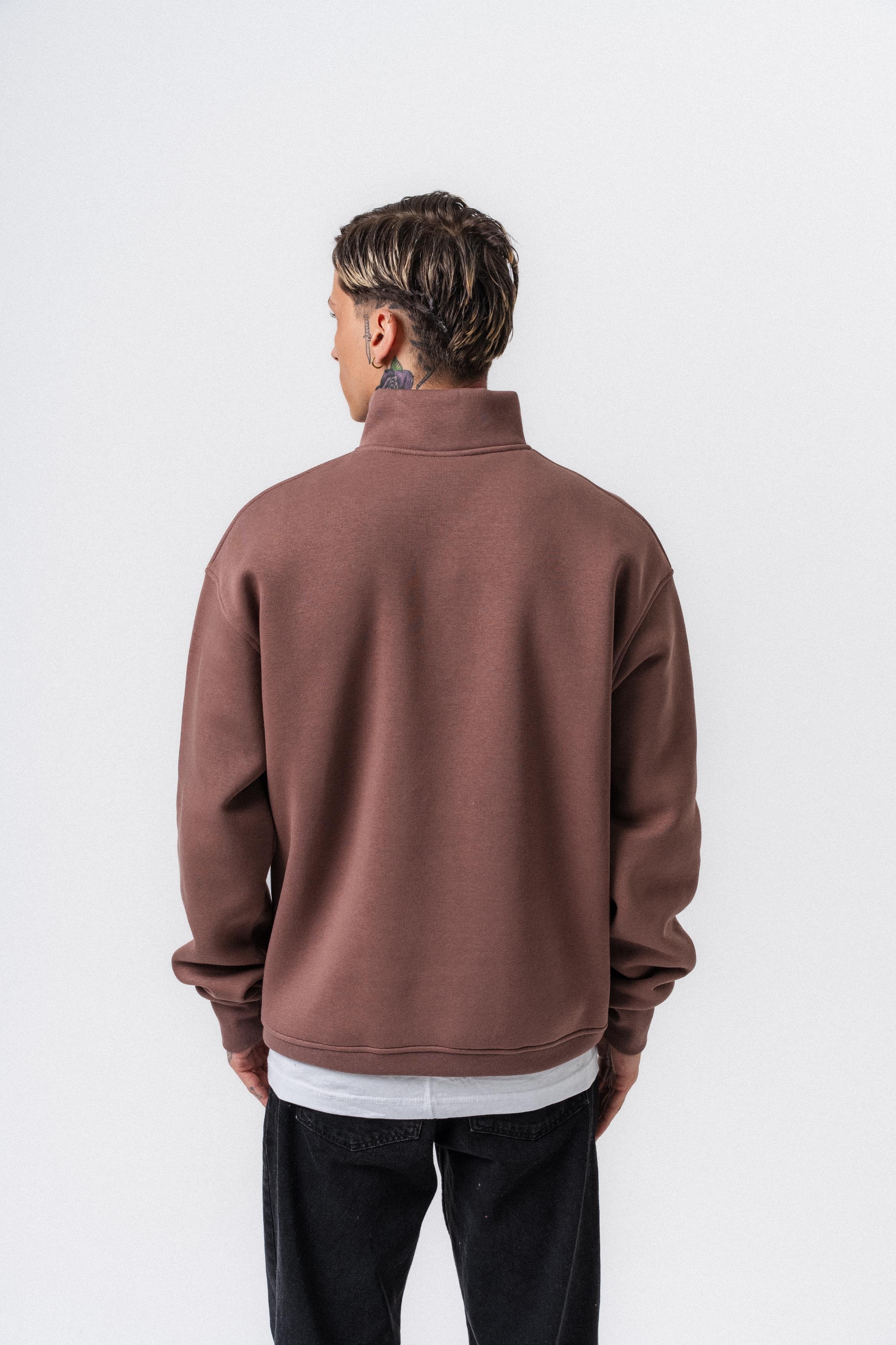 Erkek Respire Yazı Detaylı Yarım Fermuarlı Basic Sweatshirt Kakao