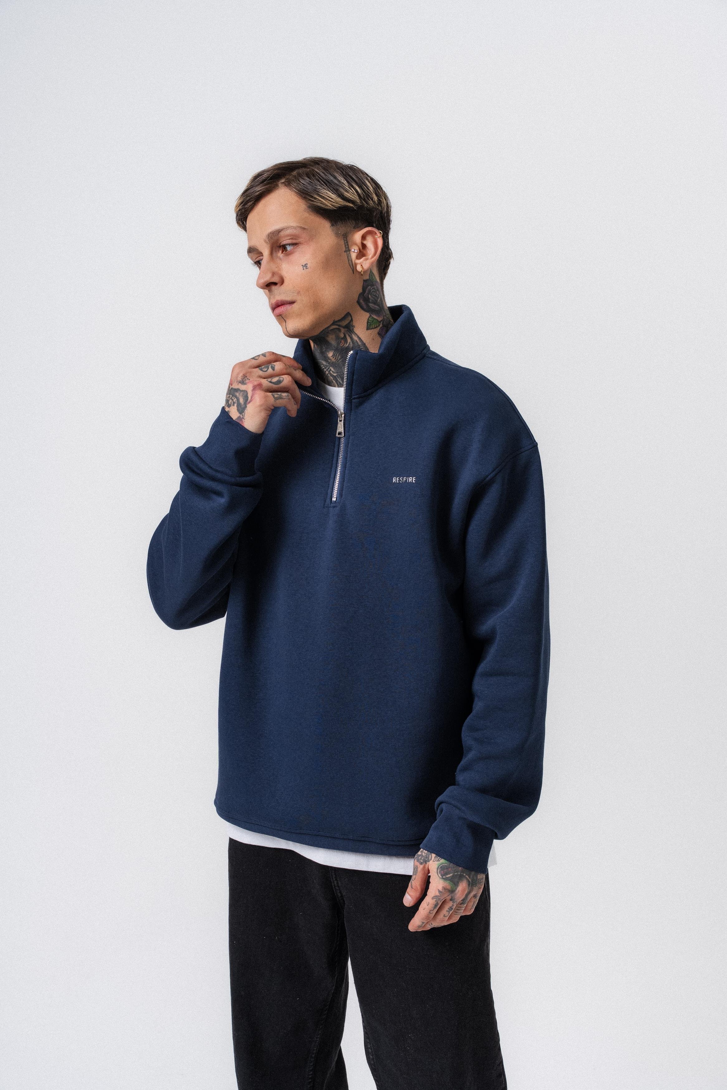 Erkek Respire Yazı Detaylı Yarım Fermuarlı Basic Sweatshirt Lacivert