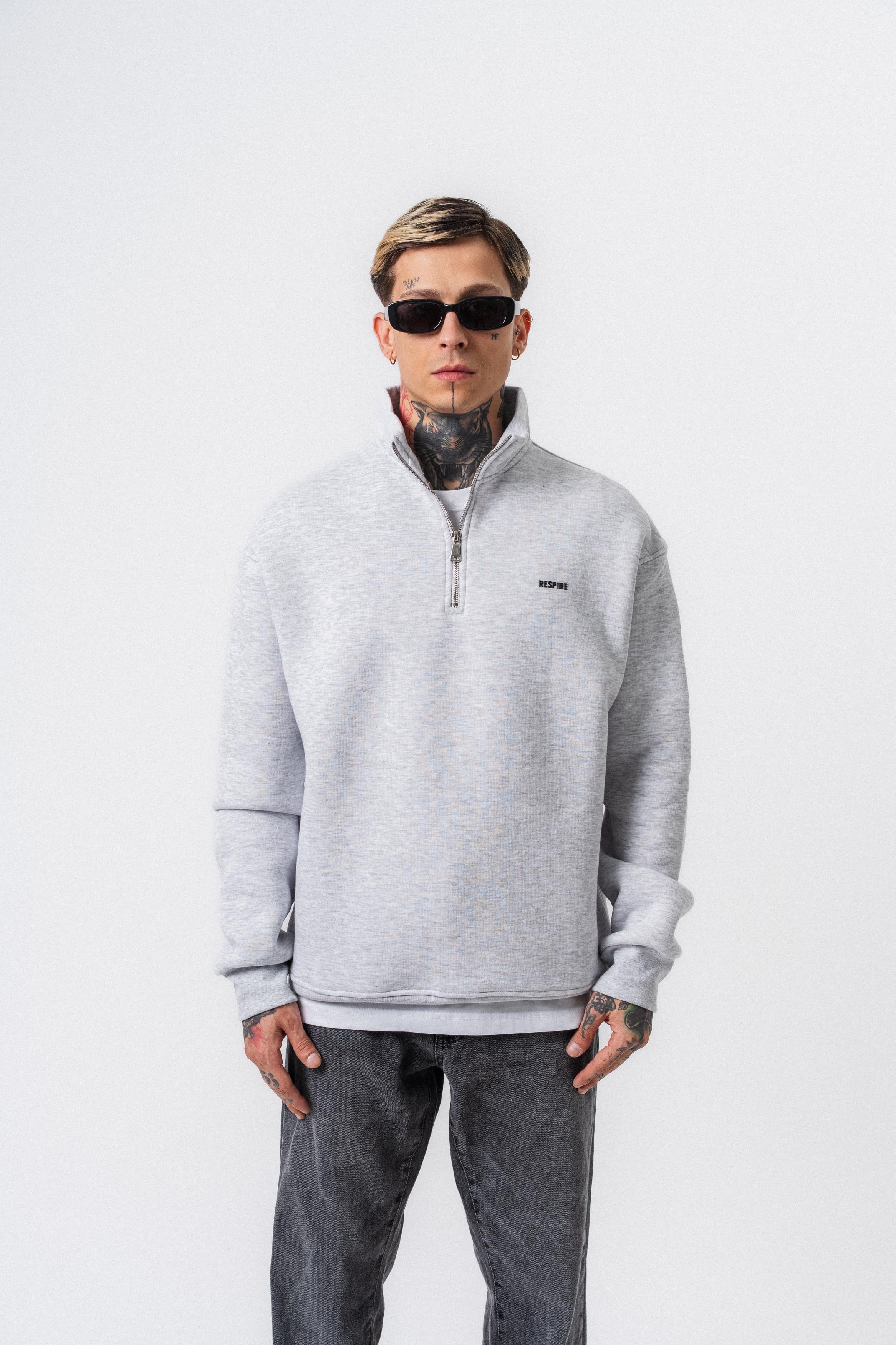 Erkek Respire Yazı Detaylı Yarım Fermuarlı Basic Sweatshirt Kar Melanj