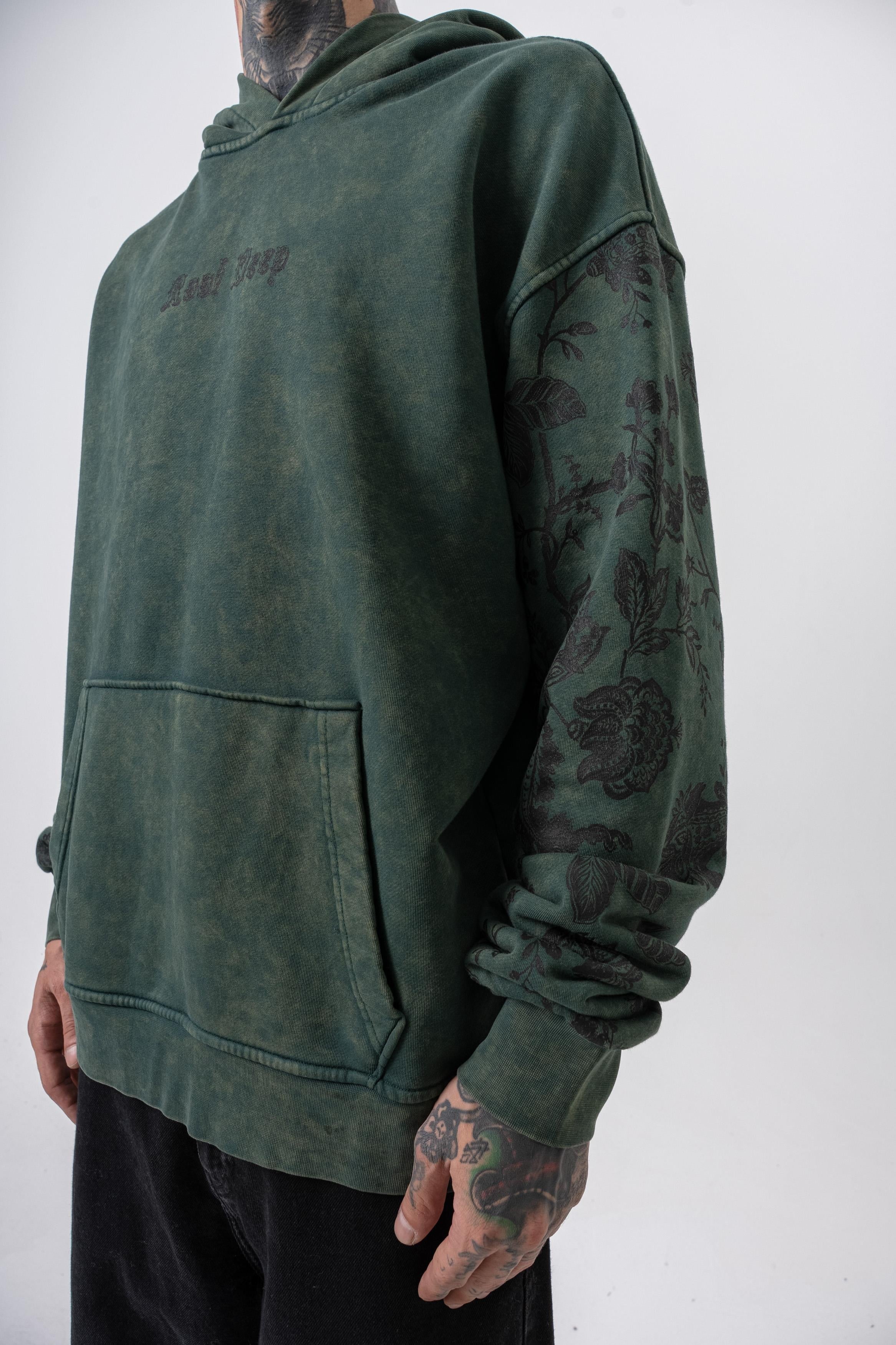 Erkek Root Deep Baskılı Yıkamalı Kapüşonlu Oversize Hoodie Yeşil