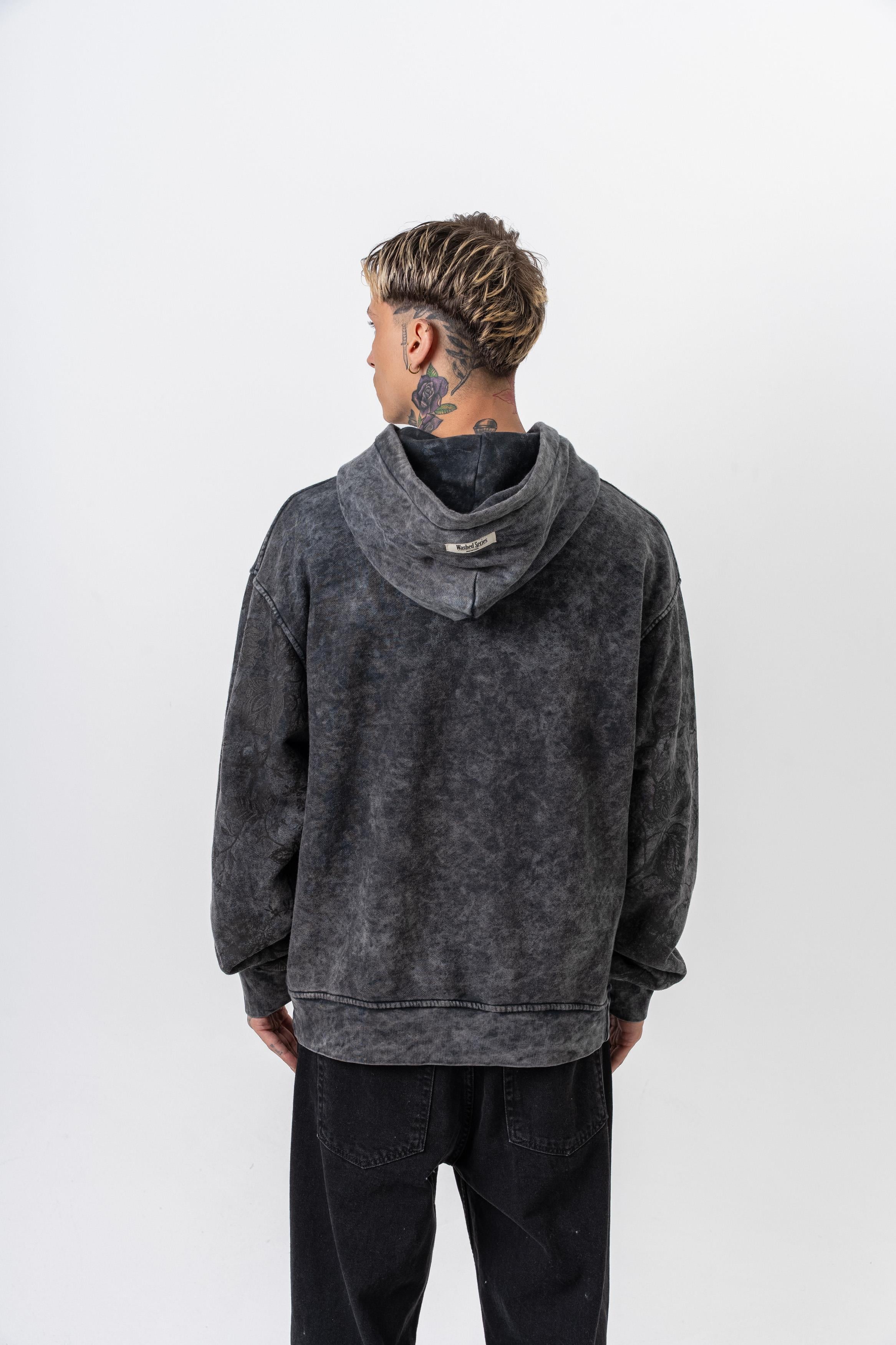 Erkek Root Deep Baskılı Yıkamalı Kapüşonlu Oversize Hoodie Siyah