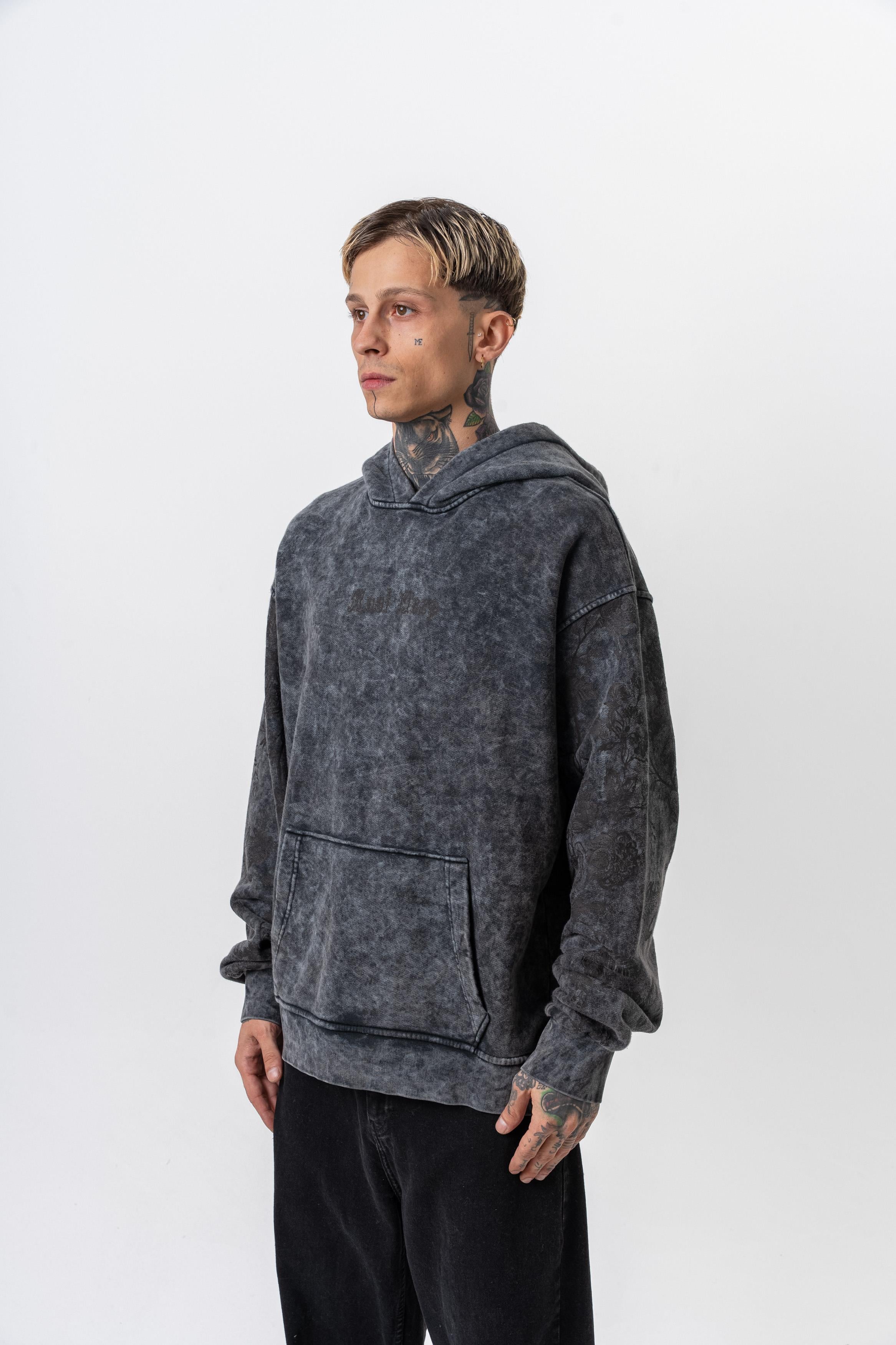 Erkek Root Deep Baskılı Yıkamalı Kapüşonlu Oversize Hoodie Siyah