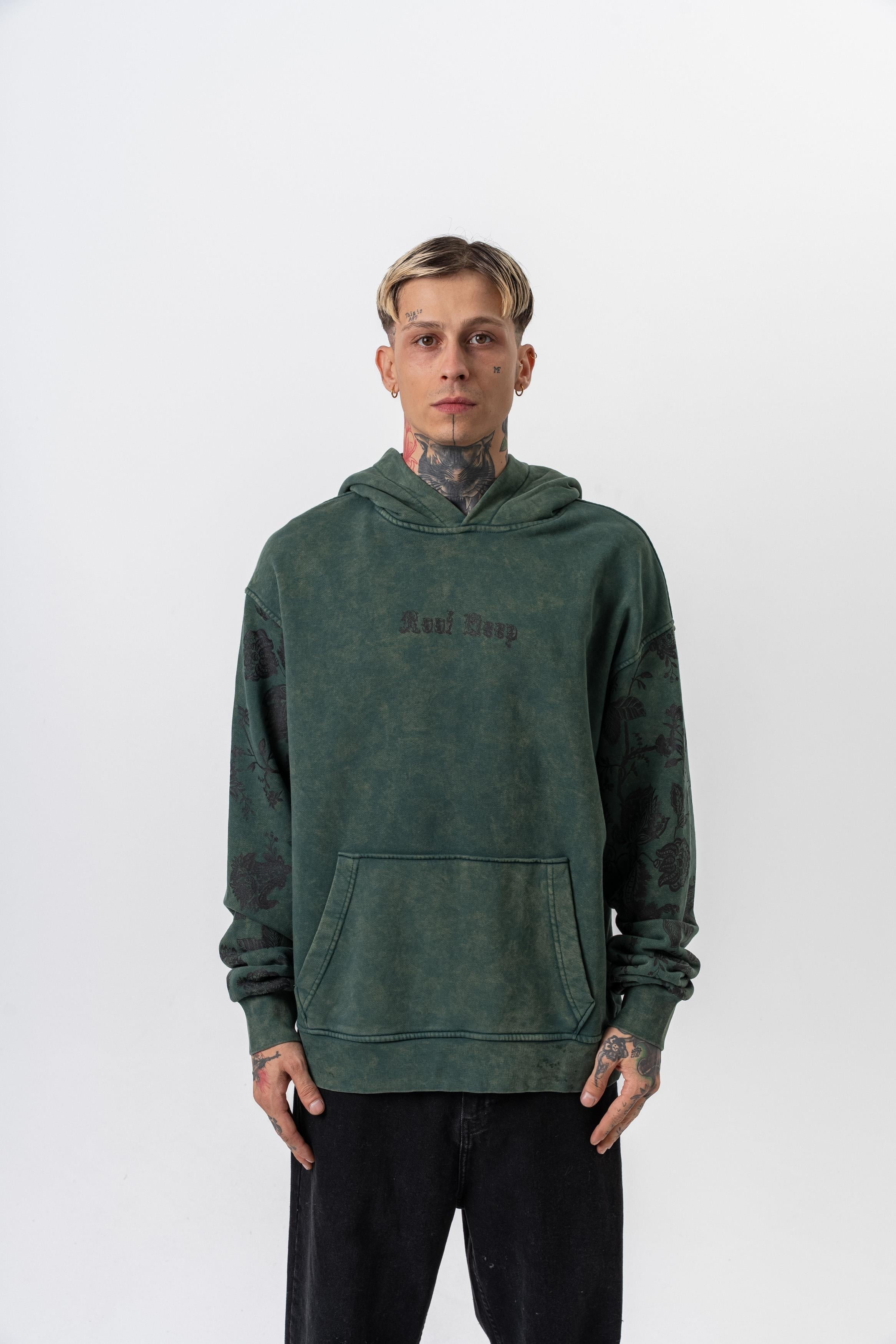 Erkek Root Deep Baskılı Yıkamalı Kapüşonlu Oversize Hoodie Yeşil