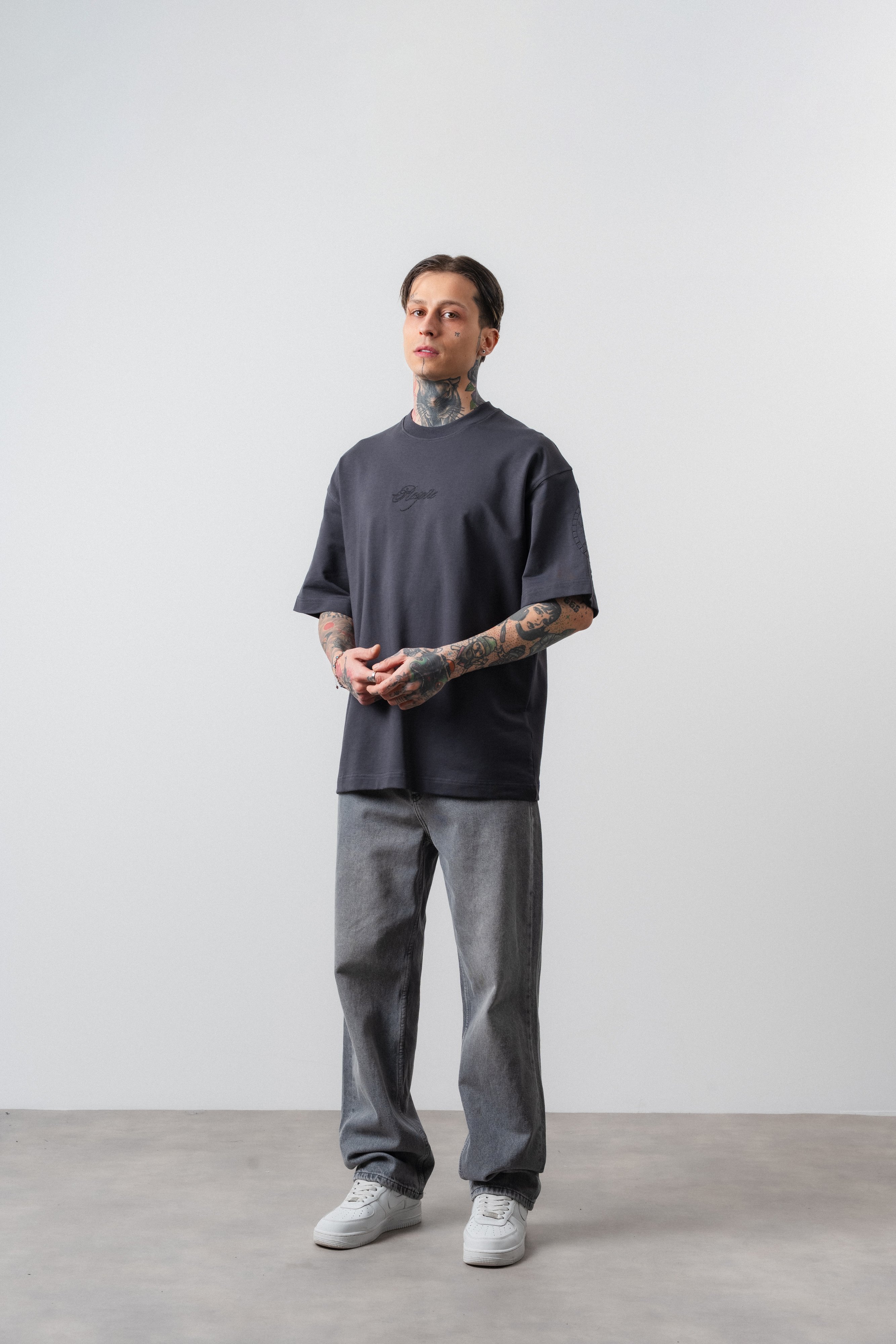 Erkek Rosette Nakış Detaylı Oversize T-Shirt Füme
