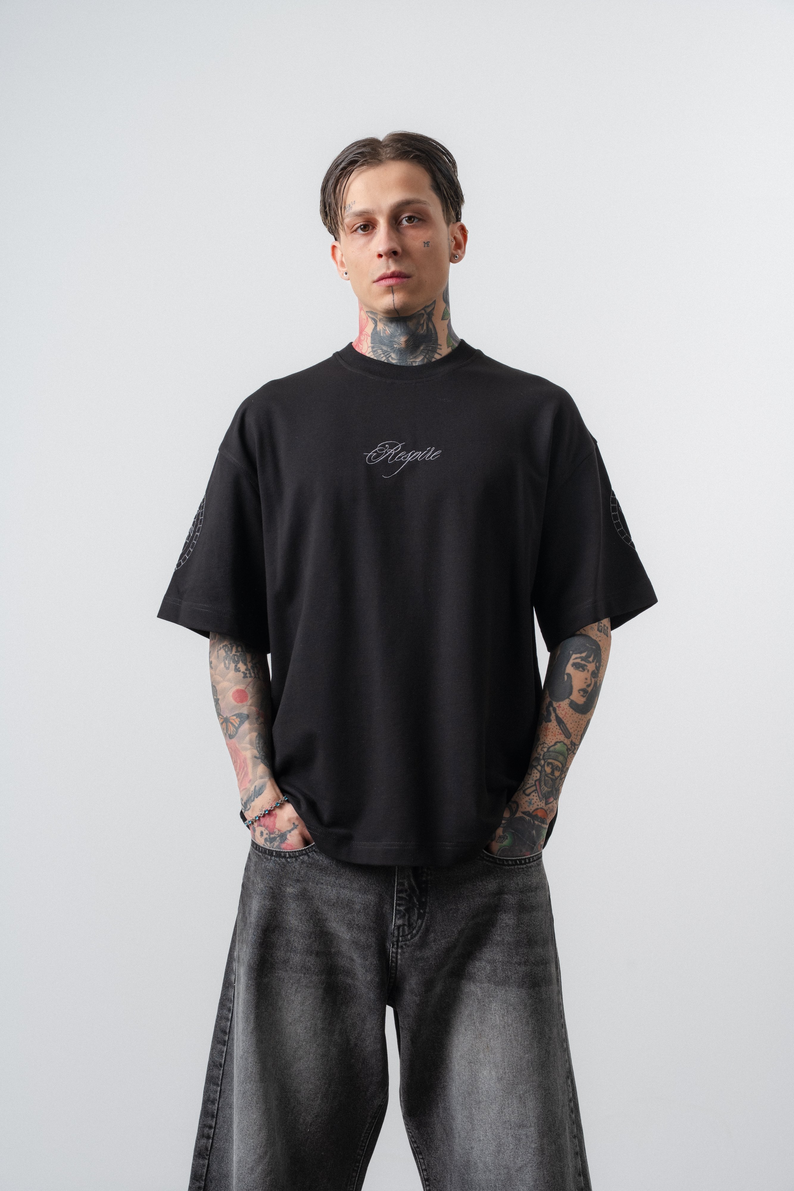 Erkek Rosette Nakış Detaylı Oversize T-Shirt Siyah
