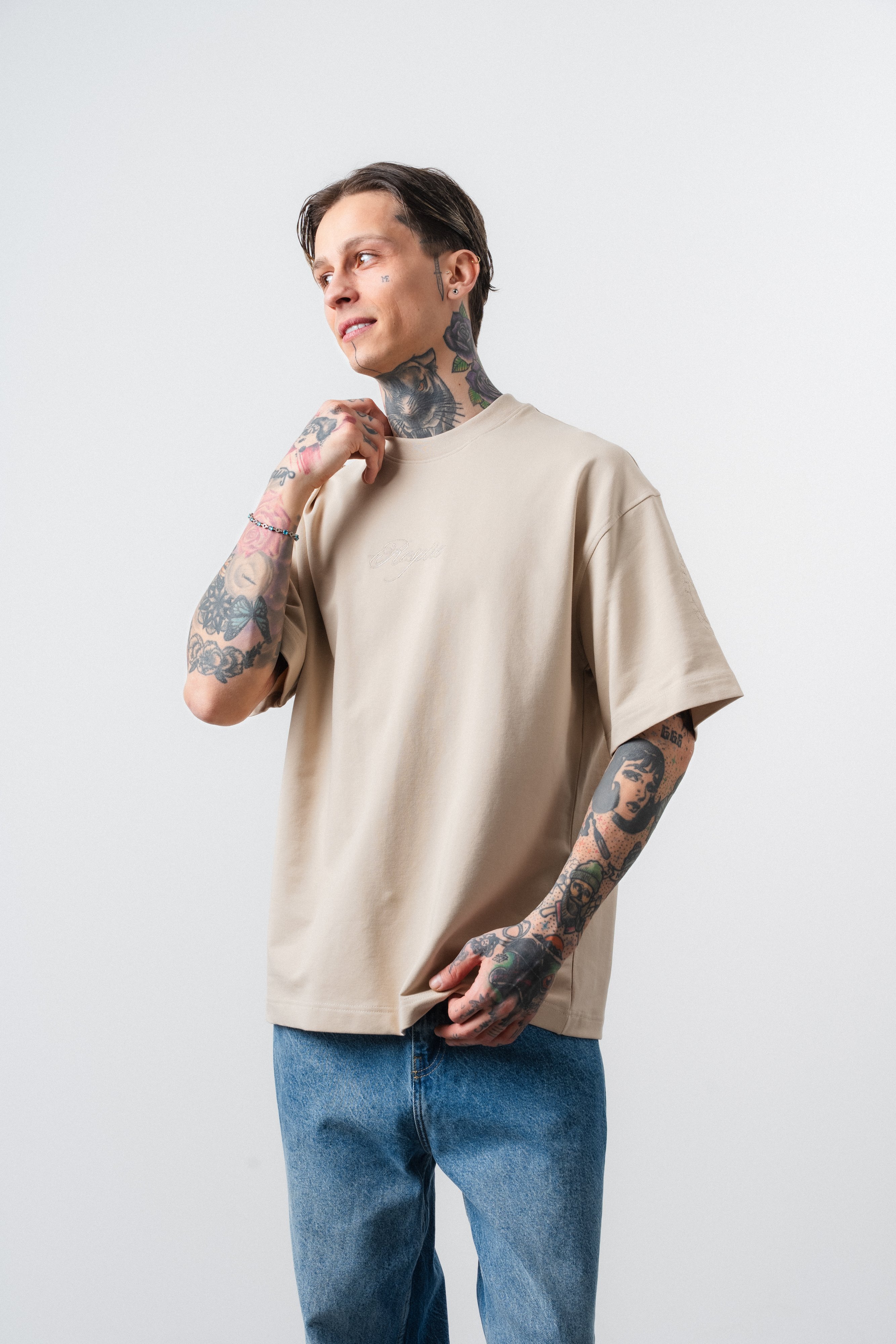 Erkek Rosette Nakış Detaylı Oversize T-Shirt Bej