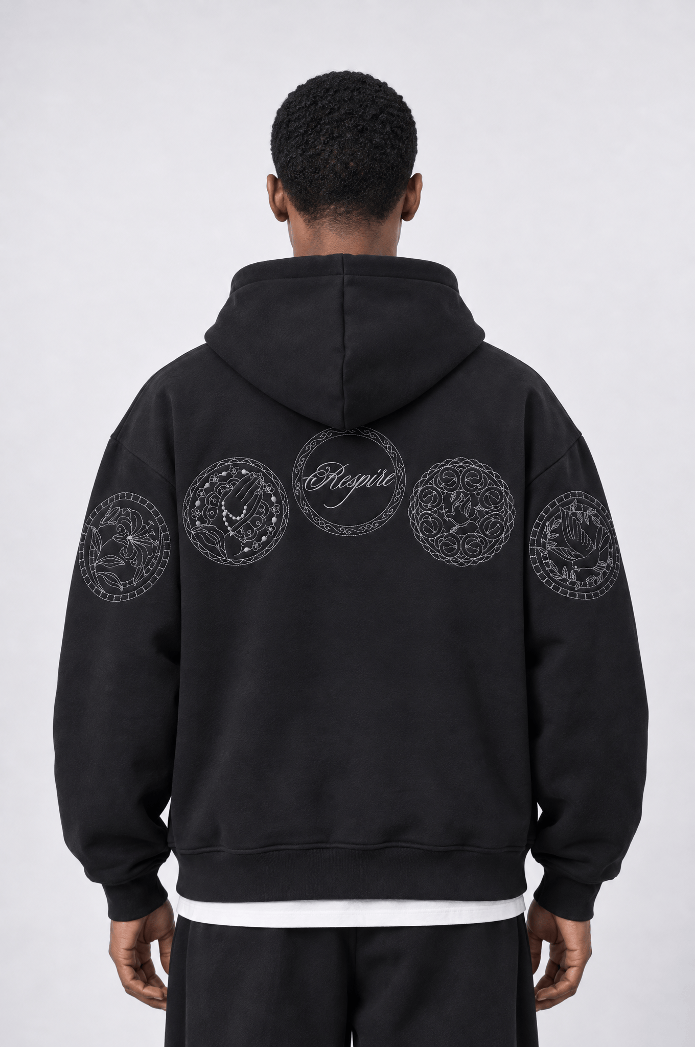 Erkek Rosette Nakışlı Oversize Hoodie Siyah