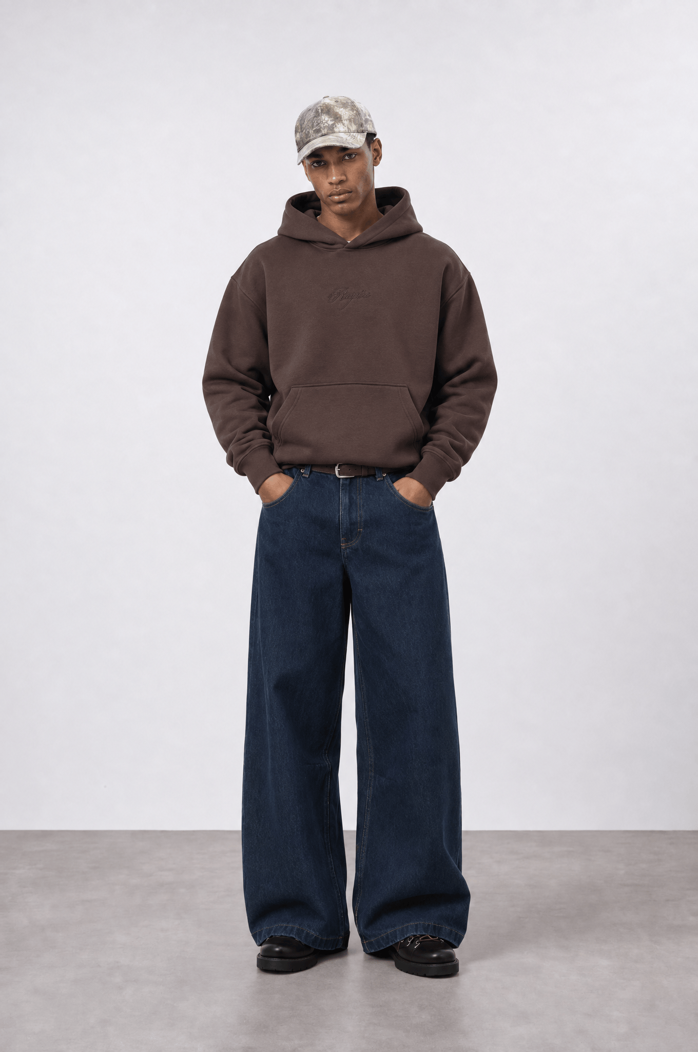Erkek Rosette Nakışlı Oversize Hoodie Kahve