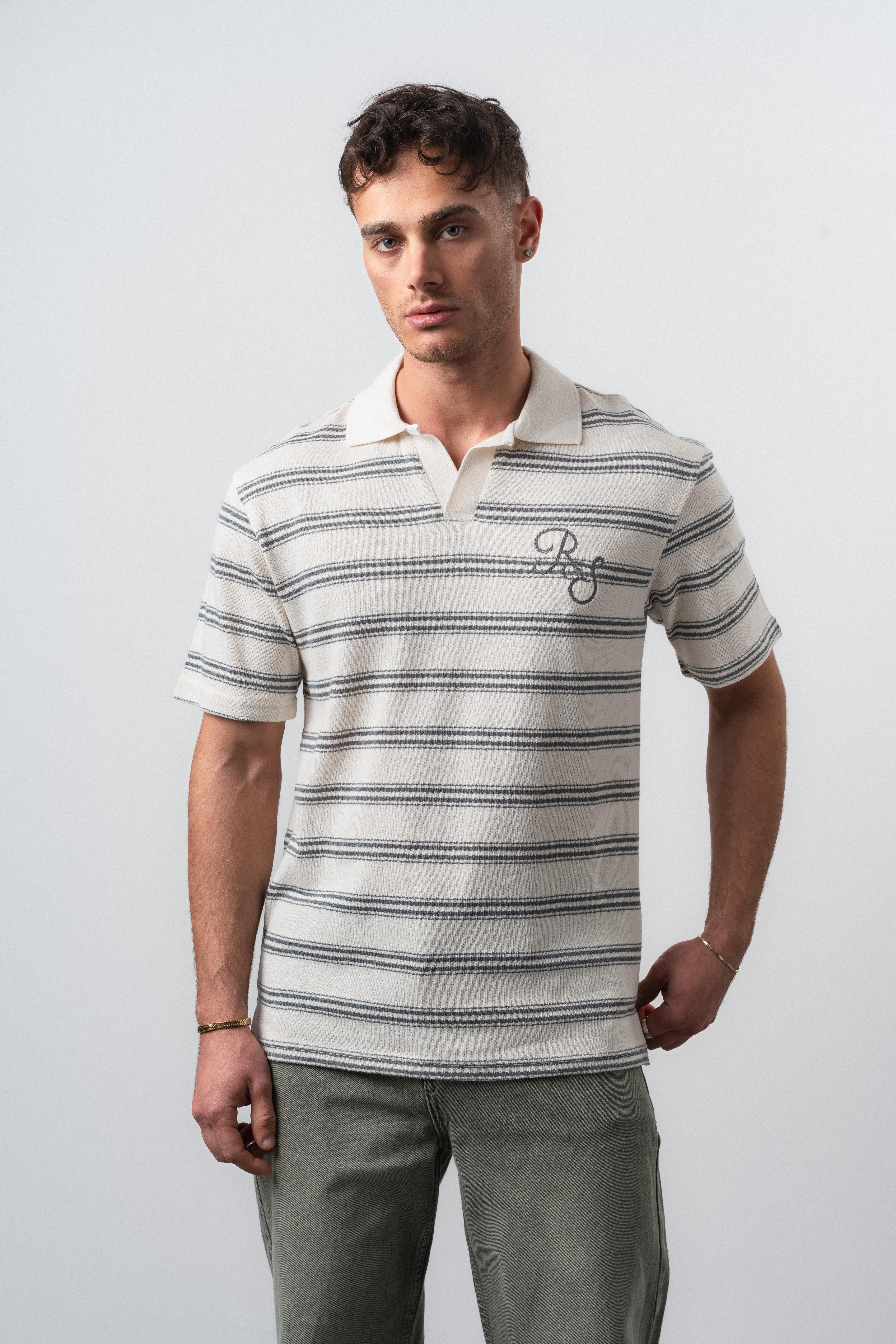 Erkek RS Nakışlı Çizgili Polo Yaka Regular Fit T-Shirt Füme