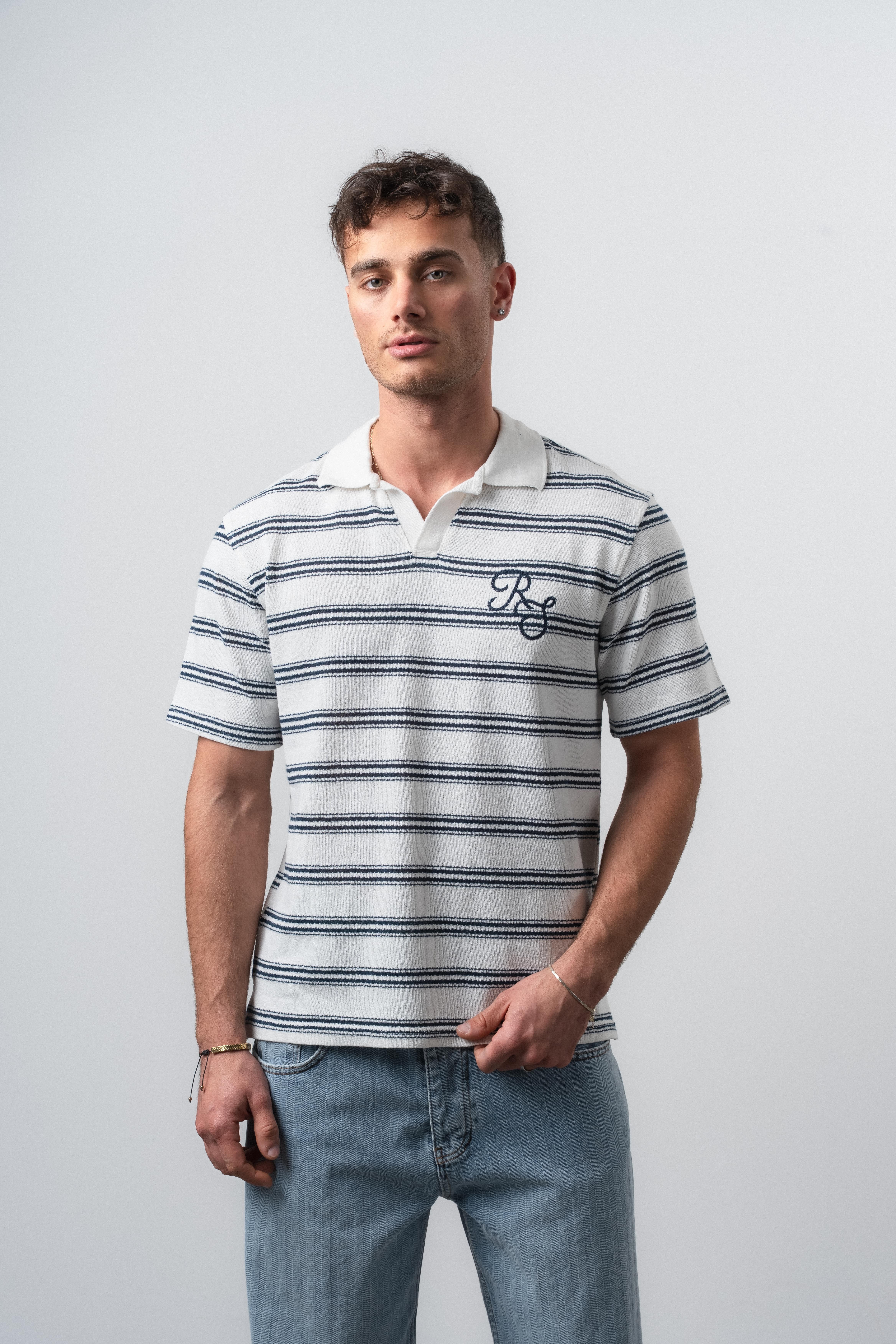 Erkek RS Nakışlı Çizgili Polo Yaka Regular Fit T-Shirt Lacivert