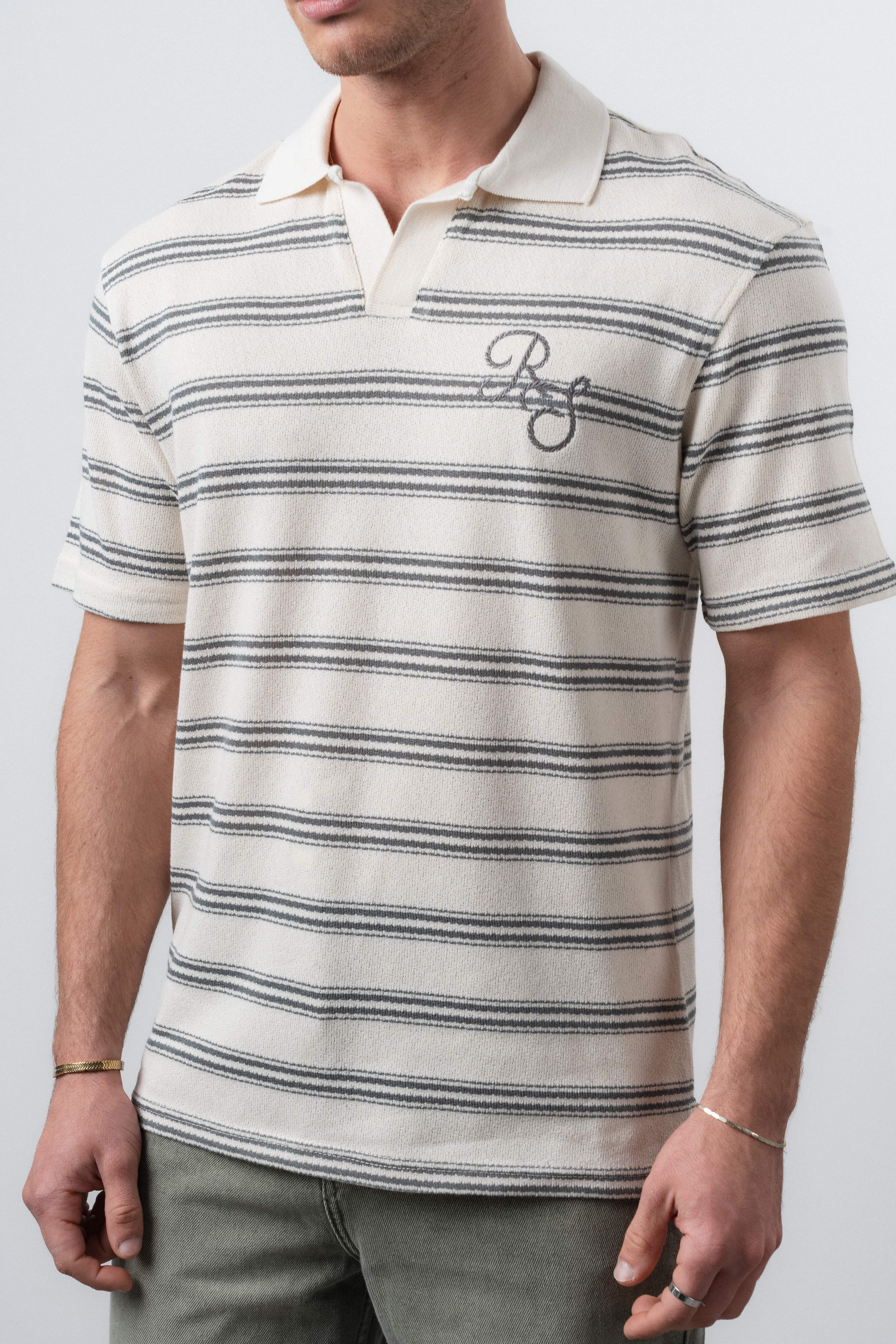 Erkek RS Nakışlı Çizgili Polo Yaka Regular Fit T-Shirt Füme