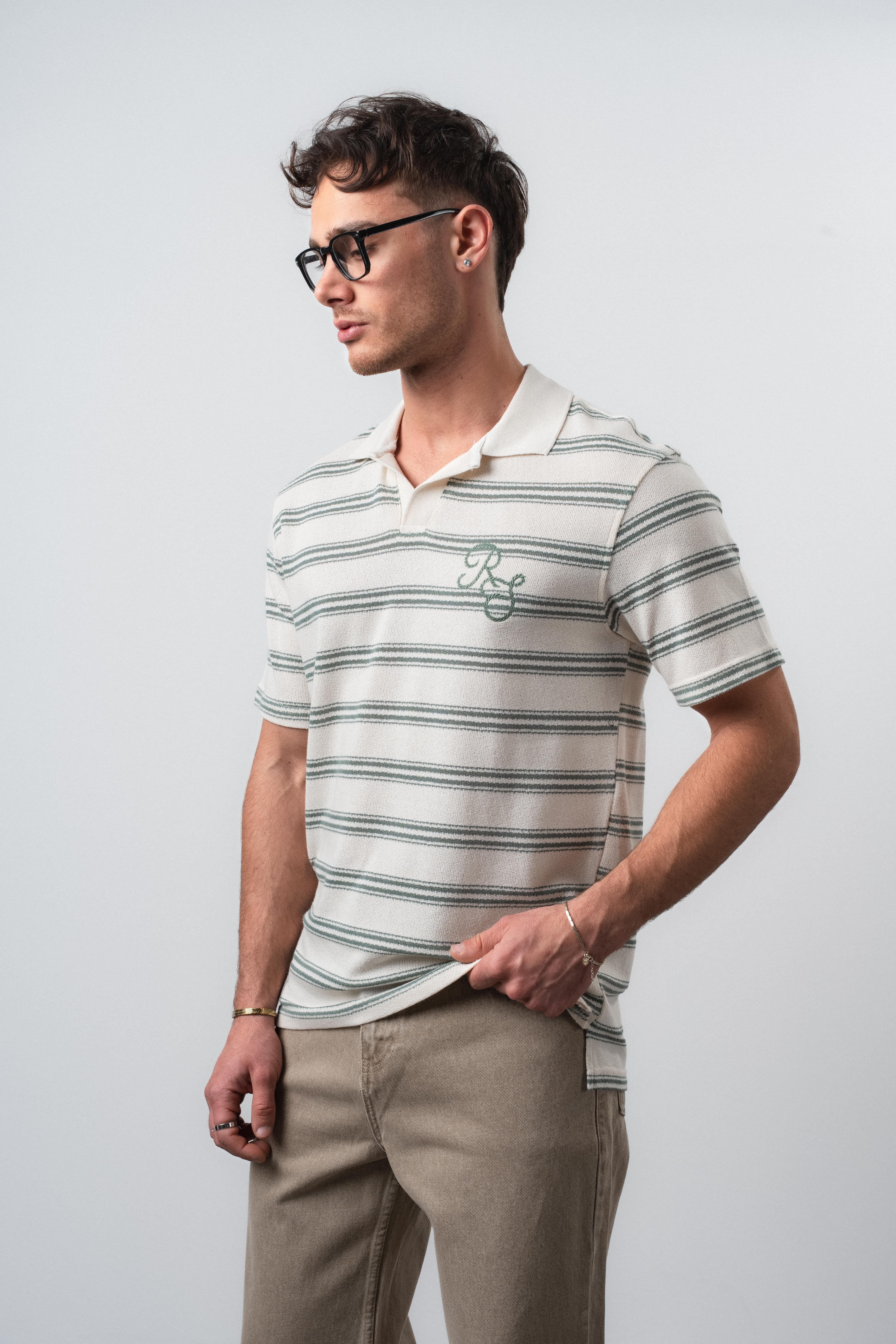 Erkek RS Nakışlı Çizgili Polo Yaka Regular Fit T-Shirt Çağla