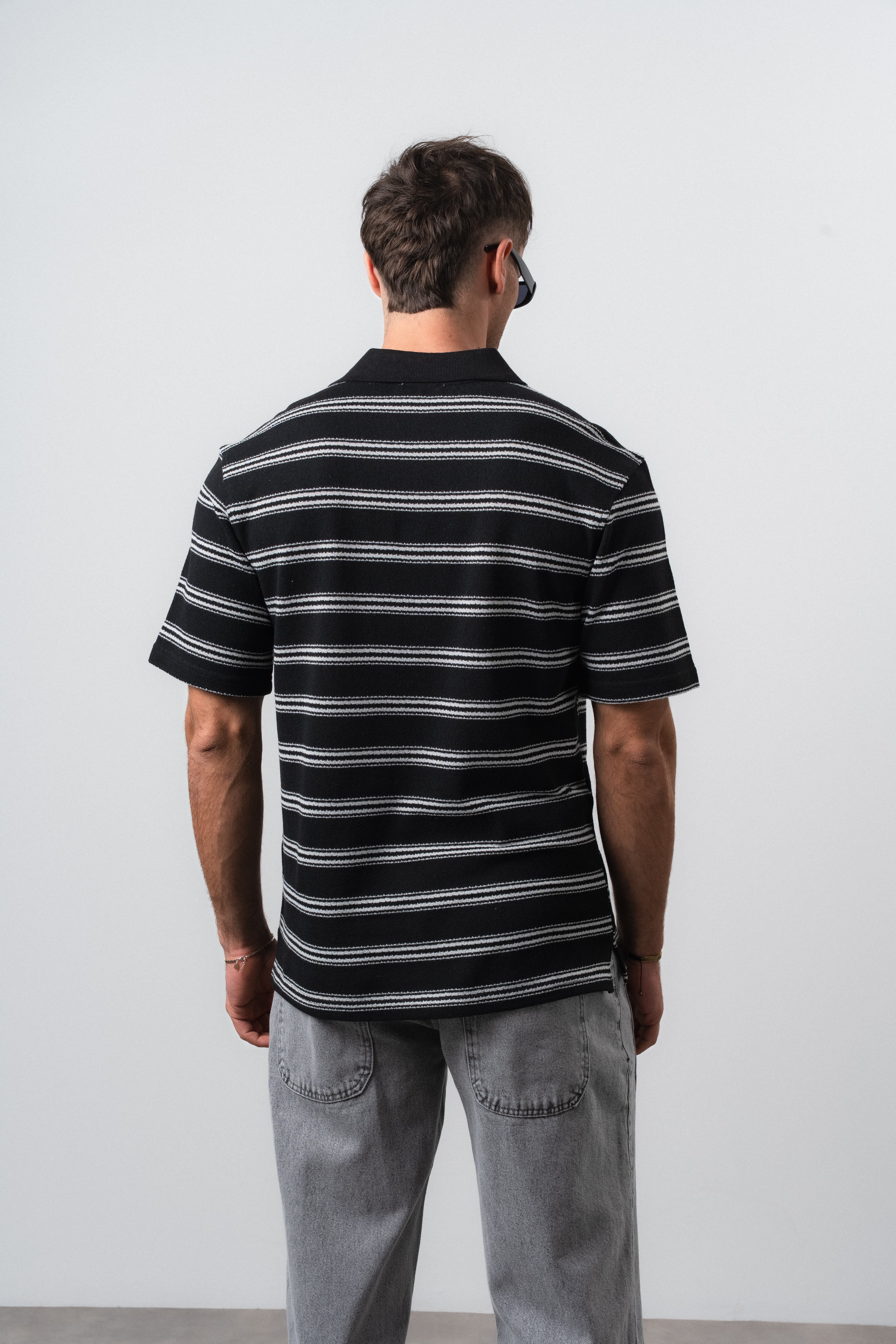 Erkek RS Nakışlı Çizgili Polo Yaka Regular Fit T-Shirt Siyah