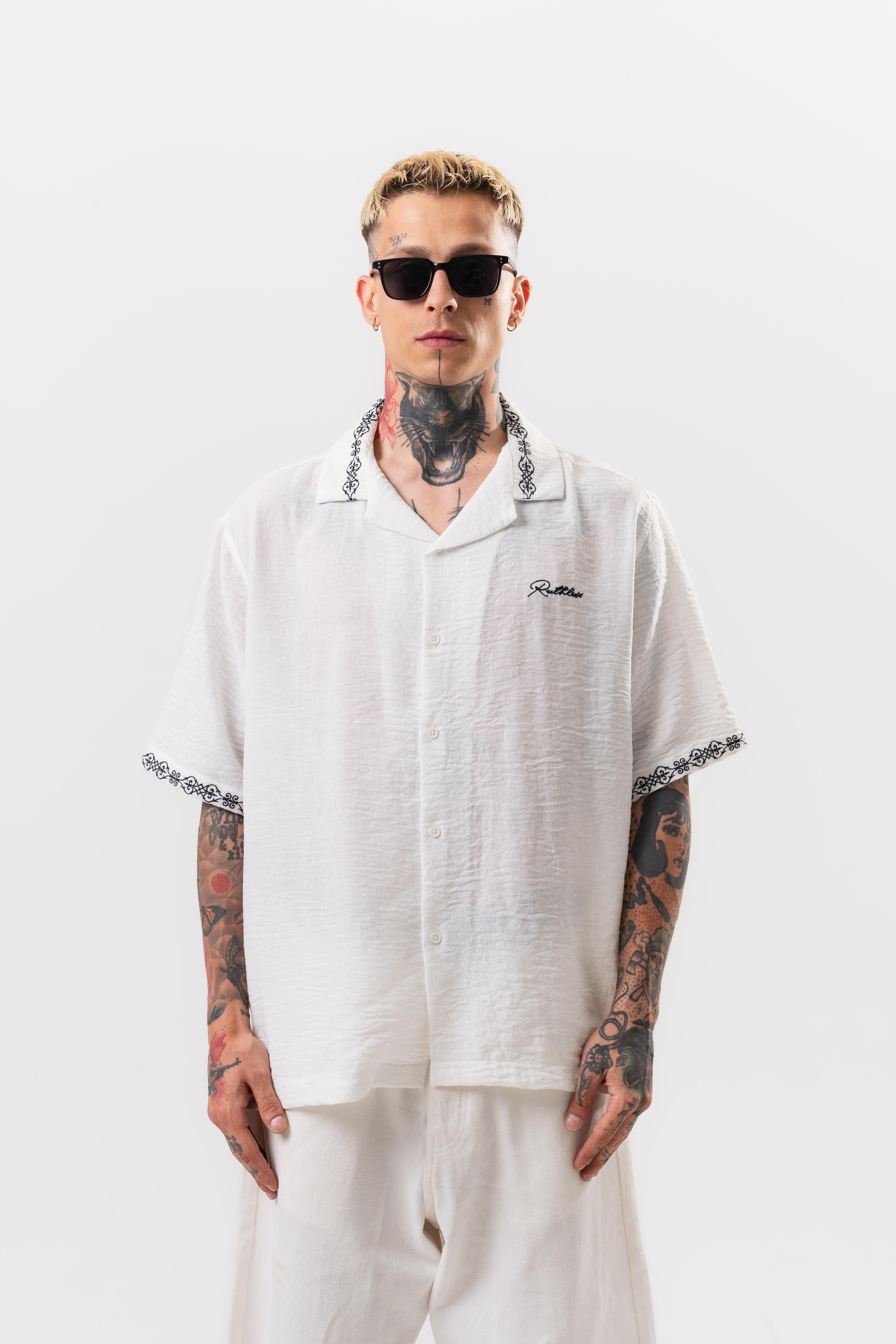 Erkek Ruthless Nakışlı Oversize Gömlek Beyaz