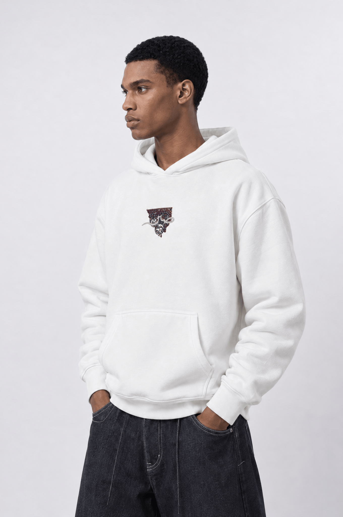 Erkek Sabr Patch Detaylı Oversize Hoodie Ekru