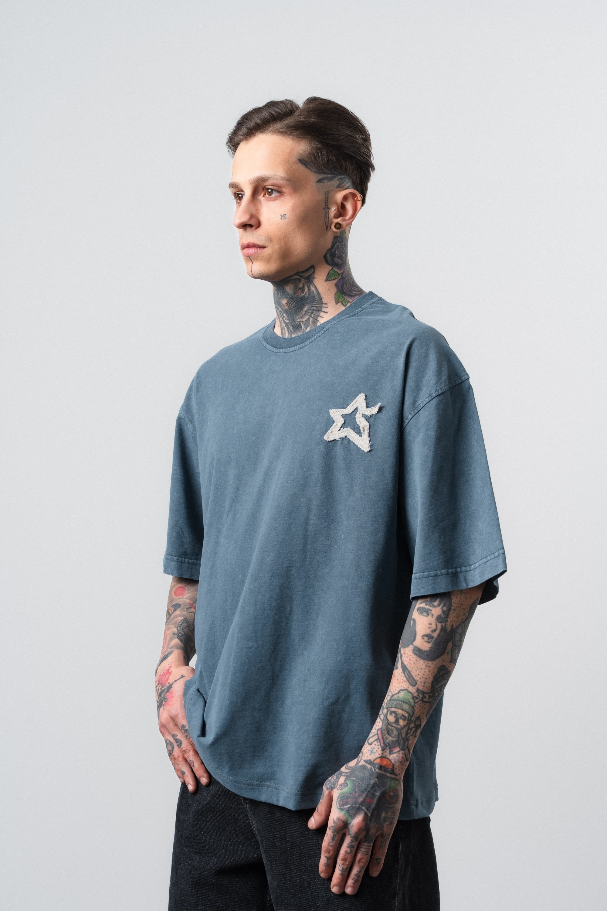 Erkek Saint Nakışlı Yıkamalı Oversize T-Shirt Petrol