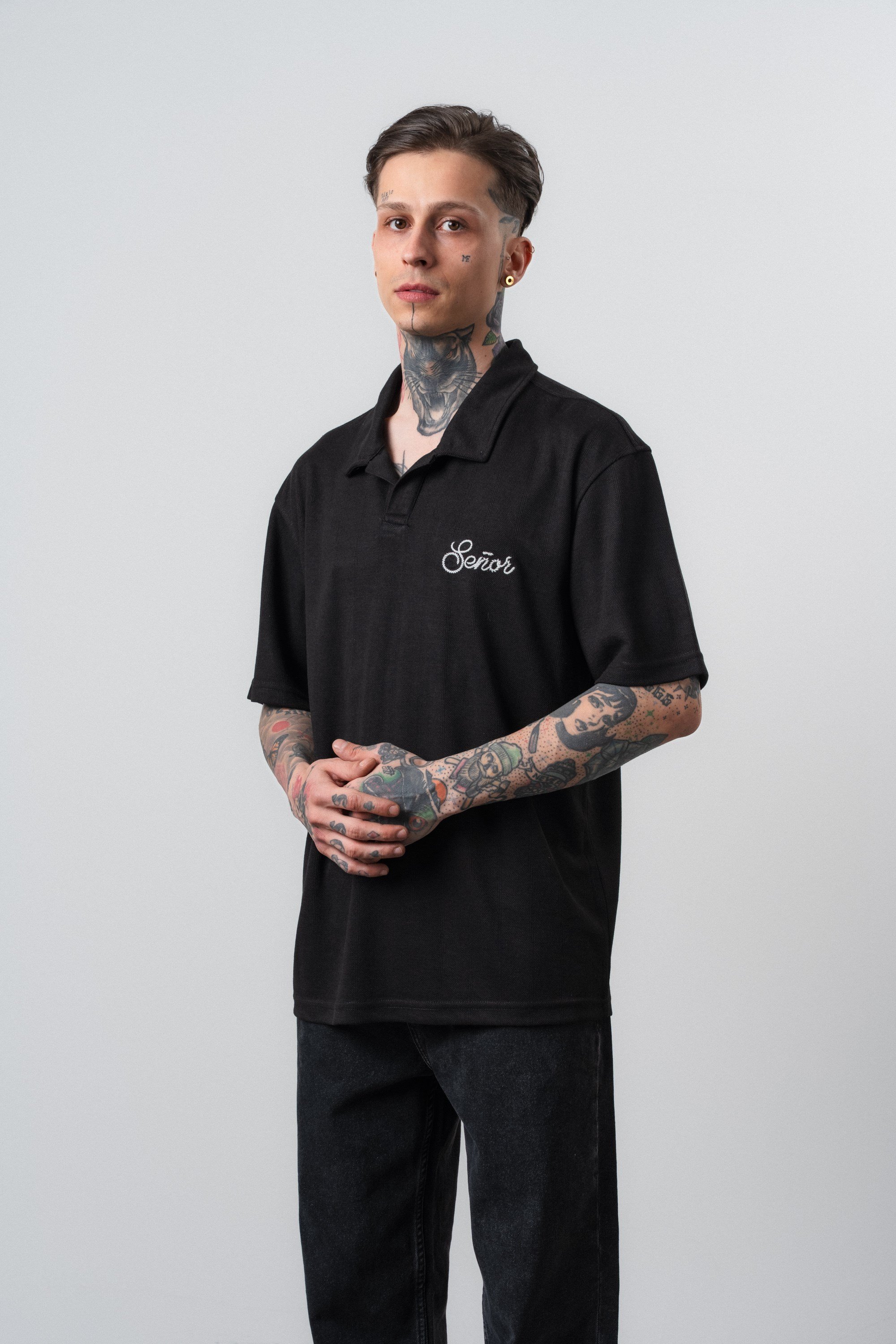Erkek Senor Yazılı Polo Yaka Regular Fit T-Shirt Siyah