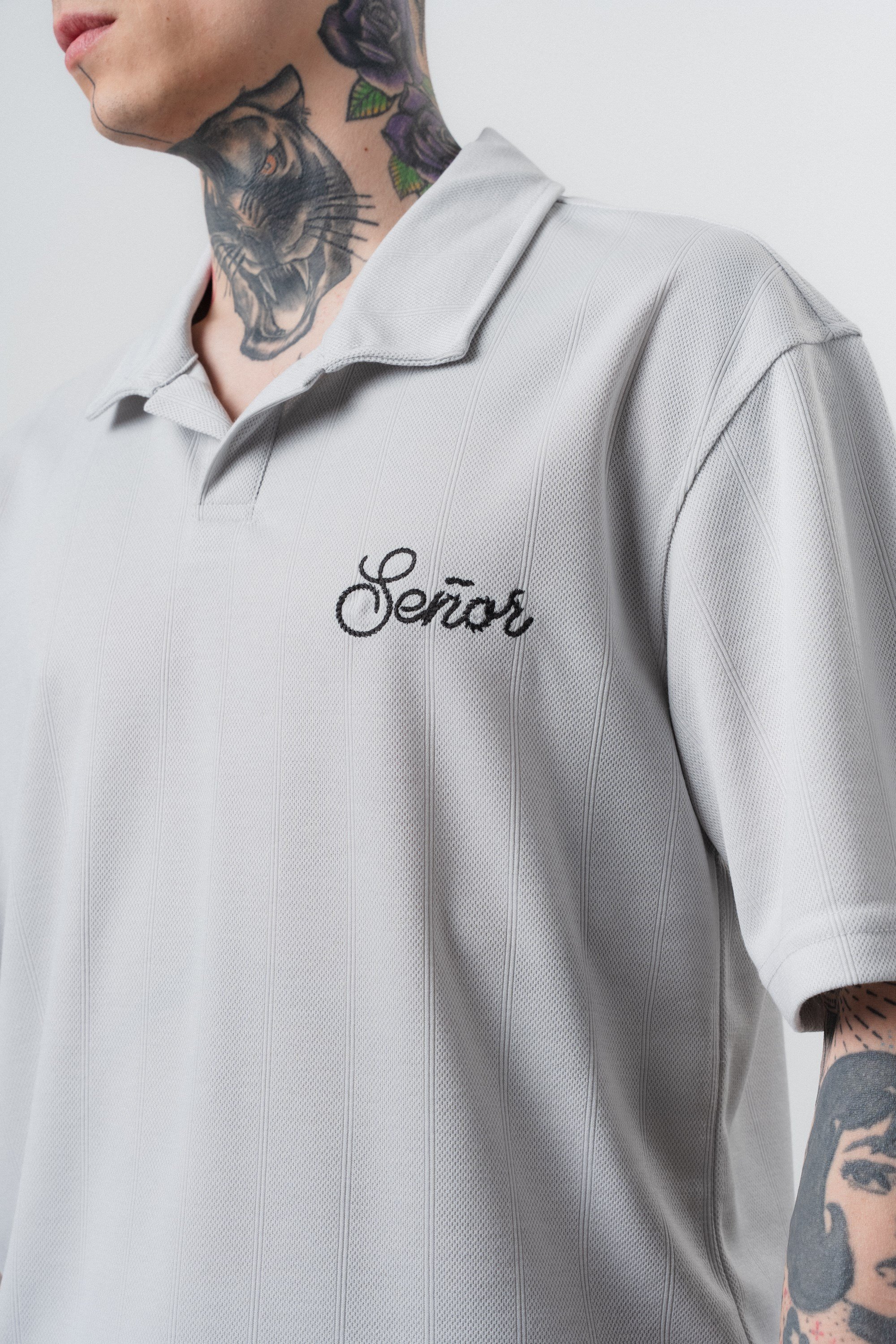 Erkek Senor Yazılı Polo Yaka Regular Fit T-Shirt Gri