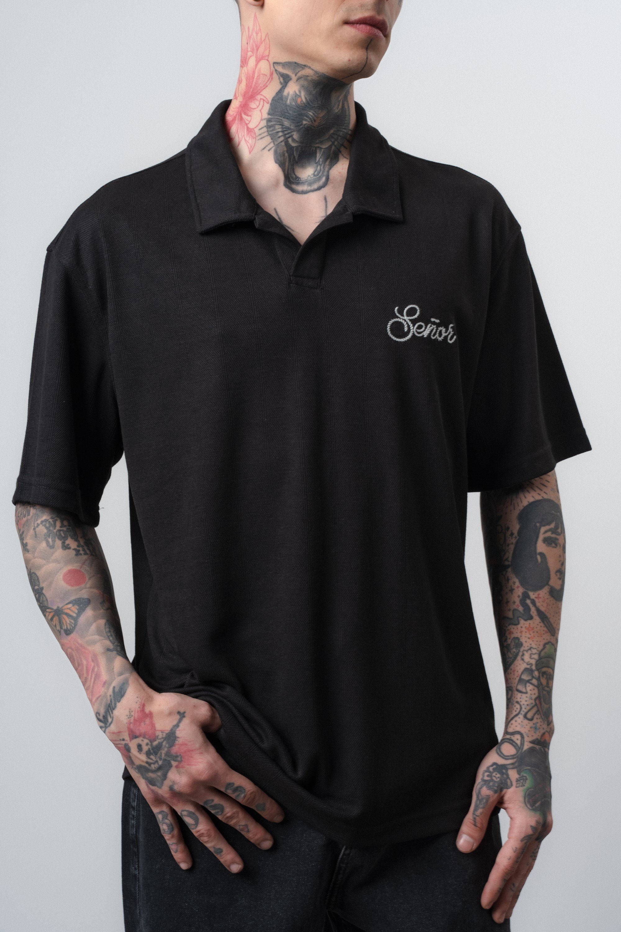 Erkek Senor Yazılı Polo Yaka Regular Fit T-Shirt Siyah