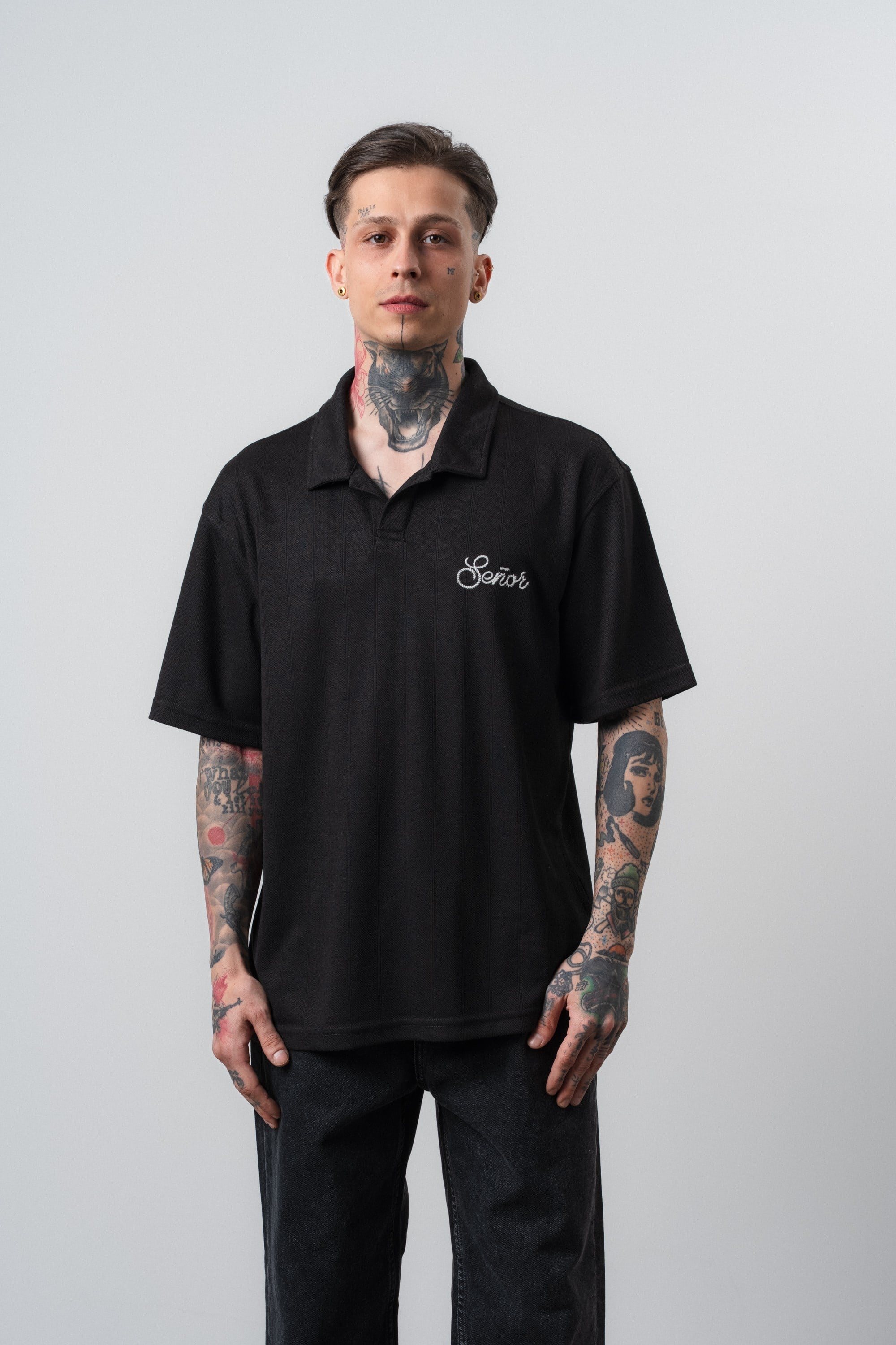 Erkek Senor Yazılı Polo Yaka Regular Fit T-Shirt Siyah