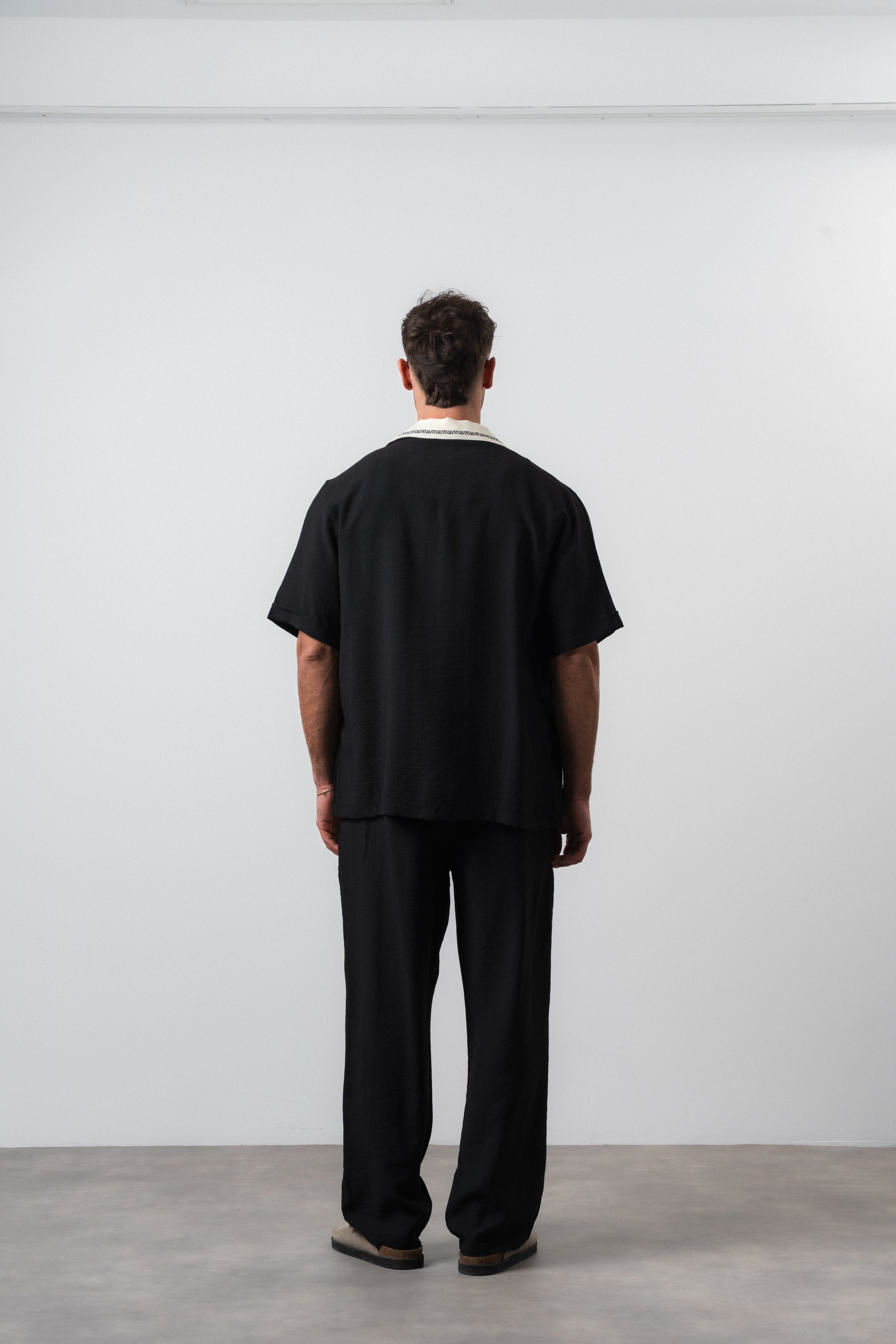 Erkek Şerit Detaylı Keten Oversize Gömlek Pantolon Takım Siyah