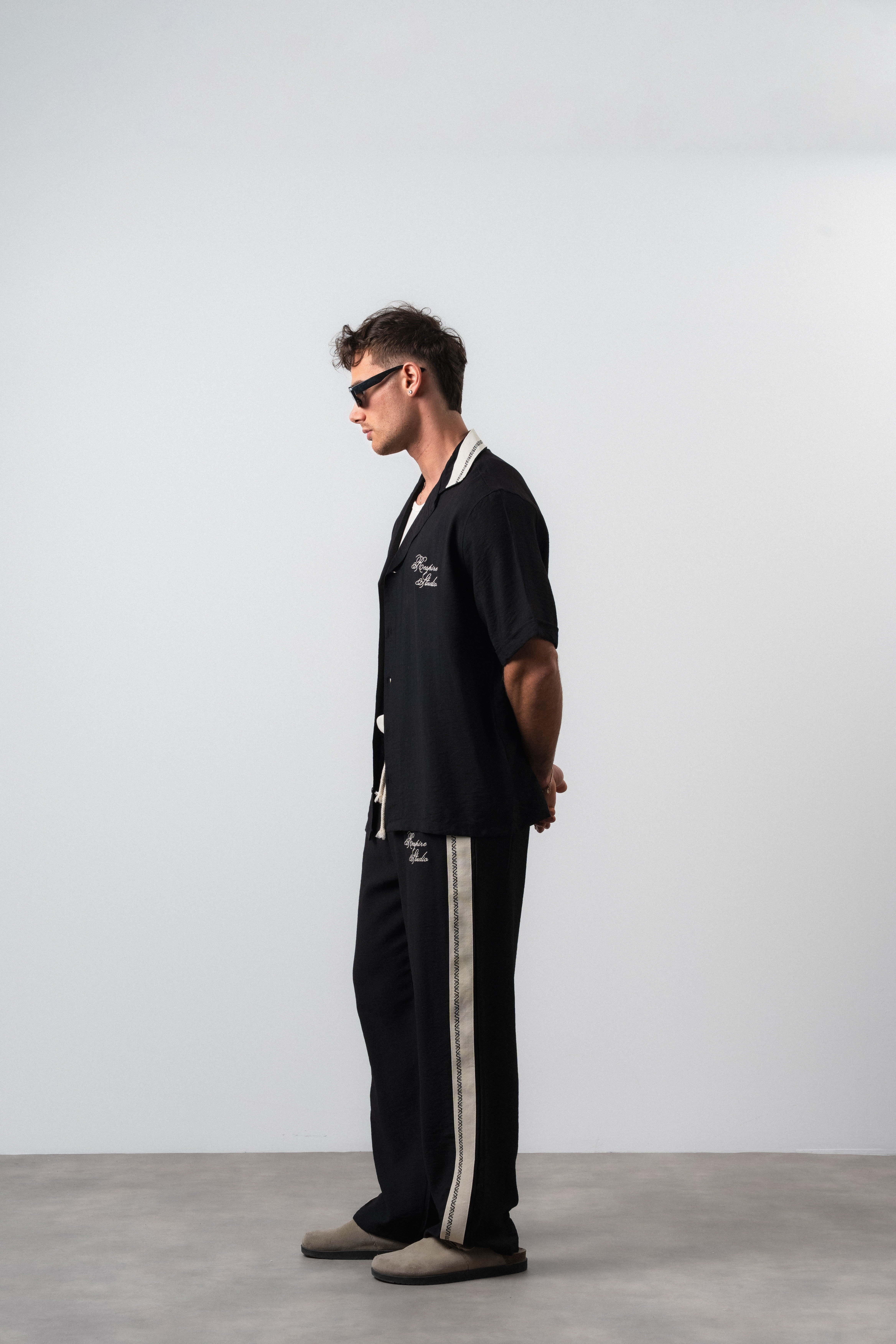 Erkek Şerit Detaylı Keten Oversize Gömlek Pantolon Takım Siyah