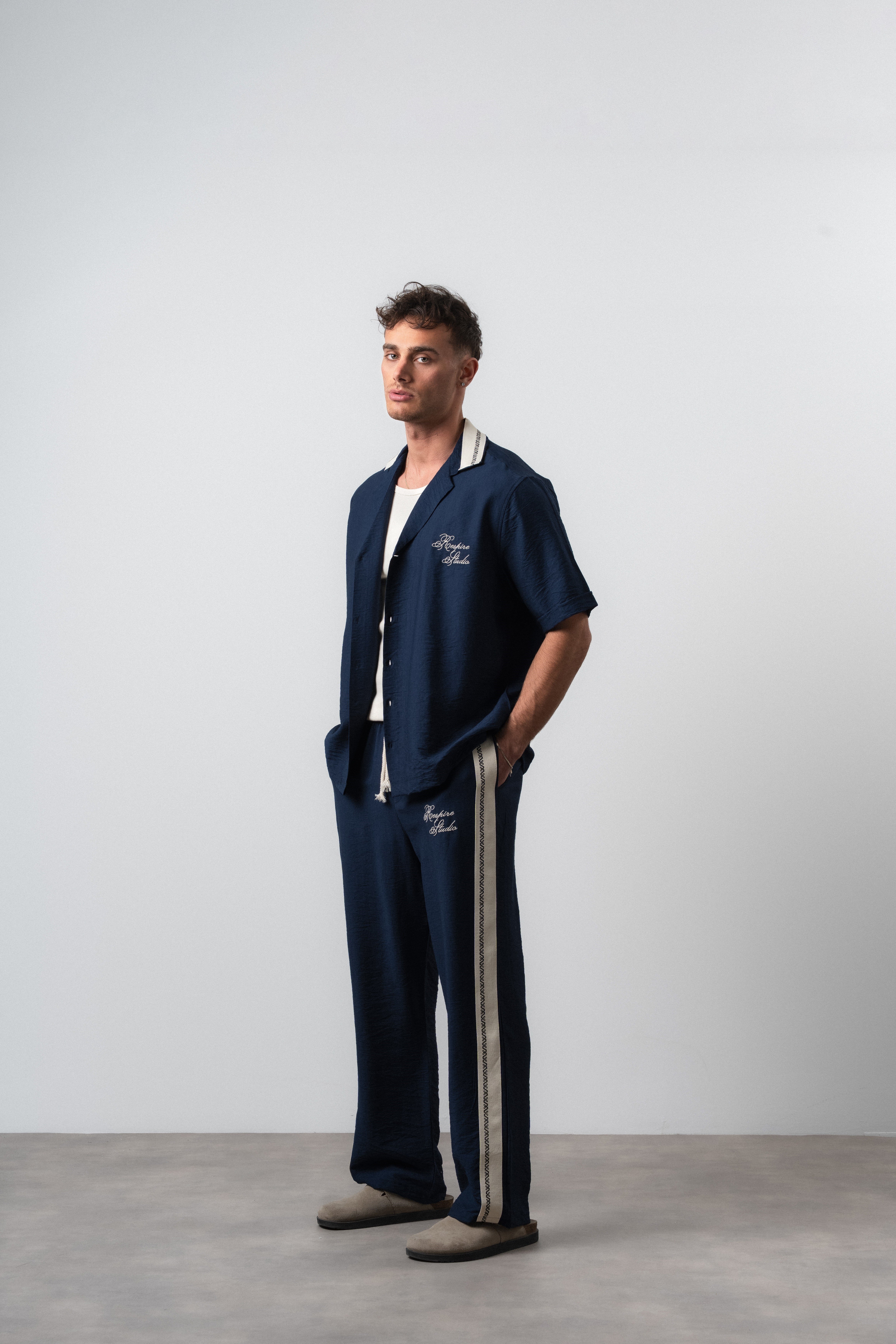 Erkek Şerit Detaylı Keten Oversize Gömlek Pantolon Takım Lacivert