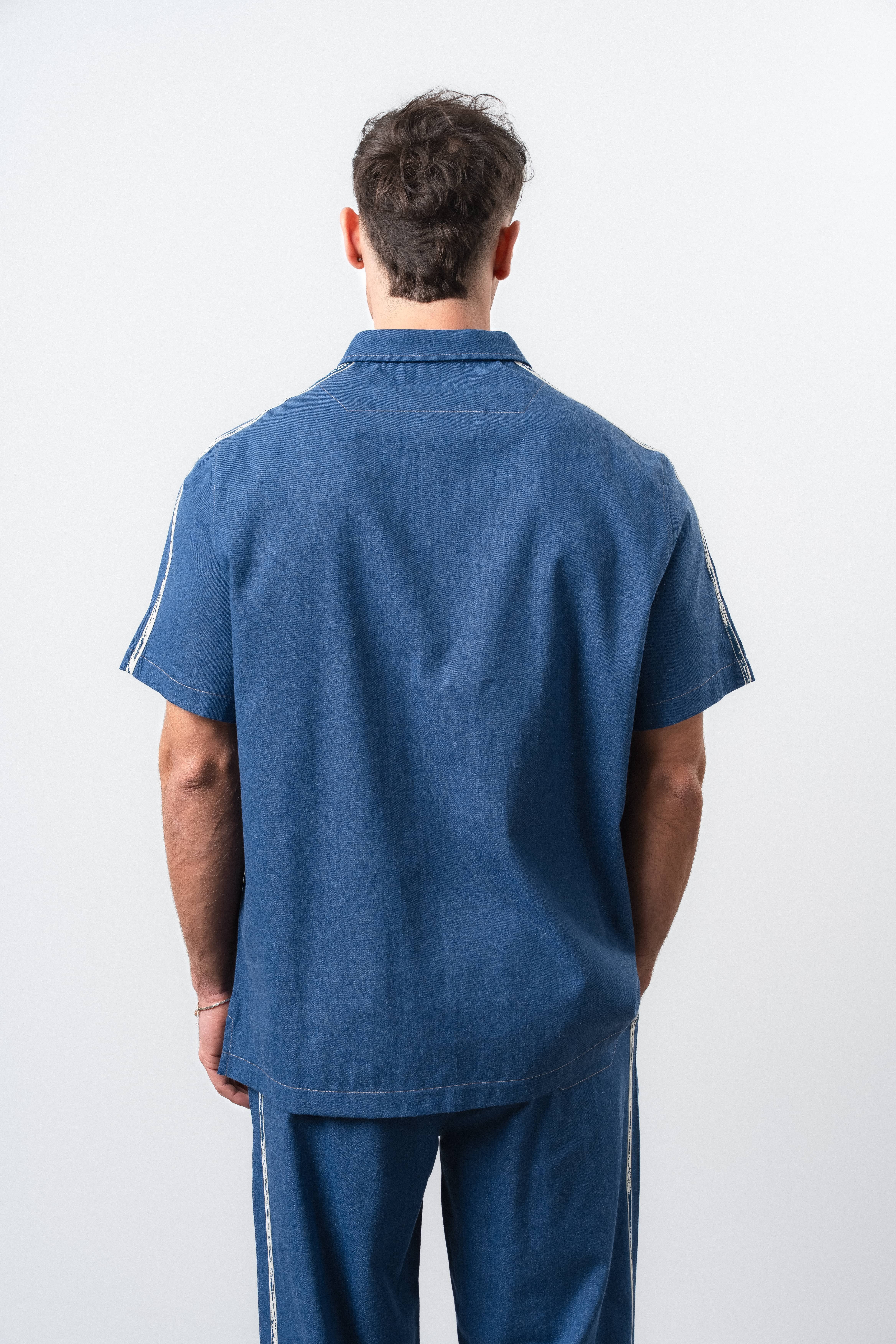 Erkek Şerit Detaylı Kısa Kollu Denim Gömlek Lacivert