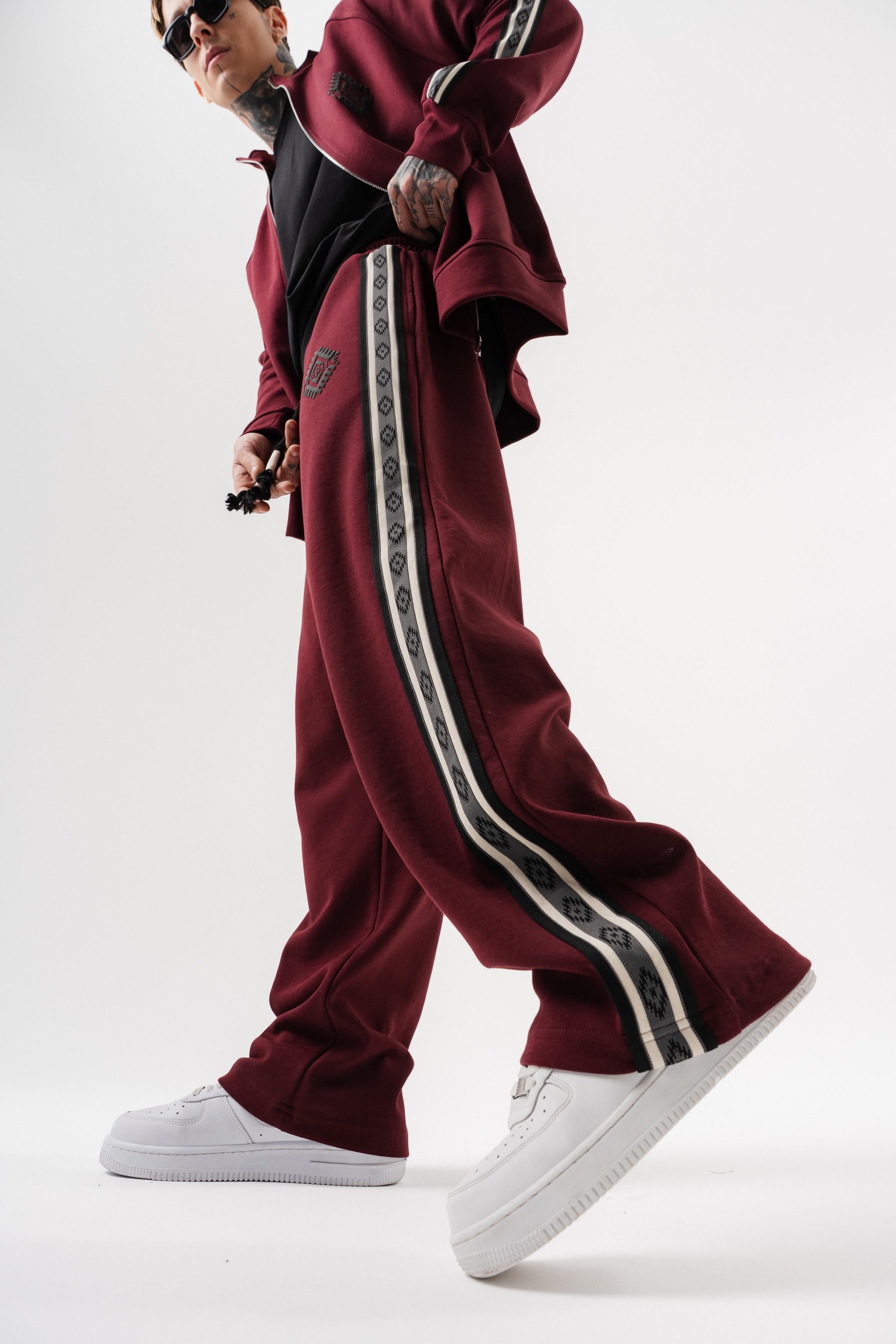 Erkek Şerit Detaylı Kışlık Doubleface Baggy Eşofman Altı Bordo