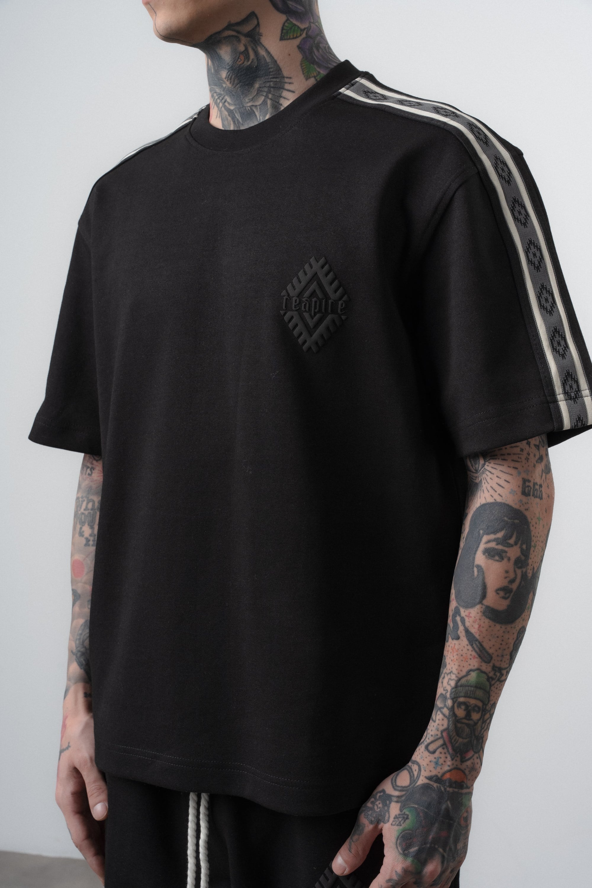 Erkek Şerit Detaylı Regular Fit T-Shirt Siyah